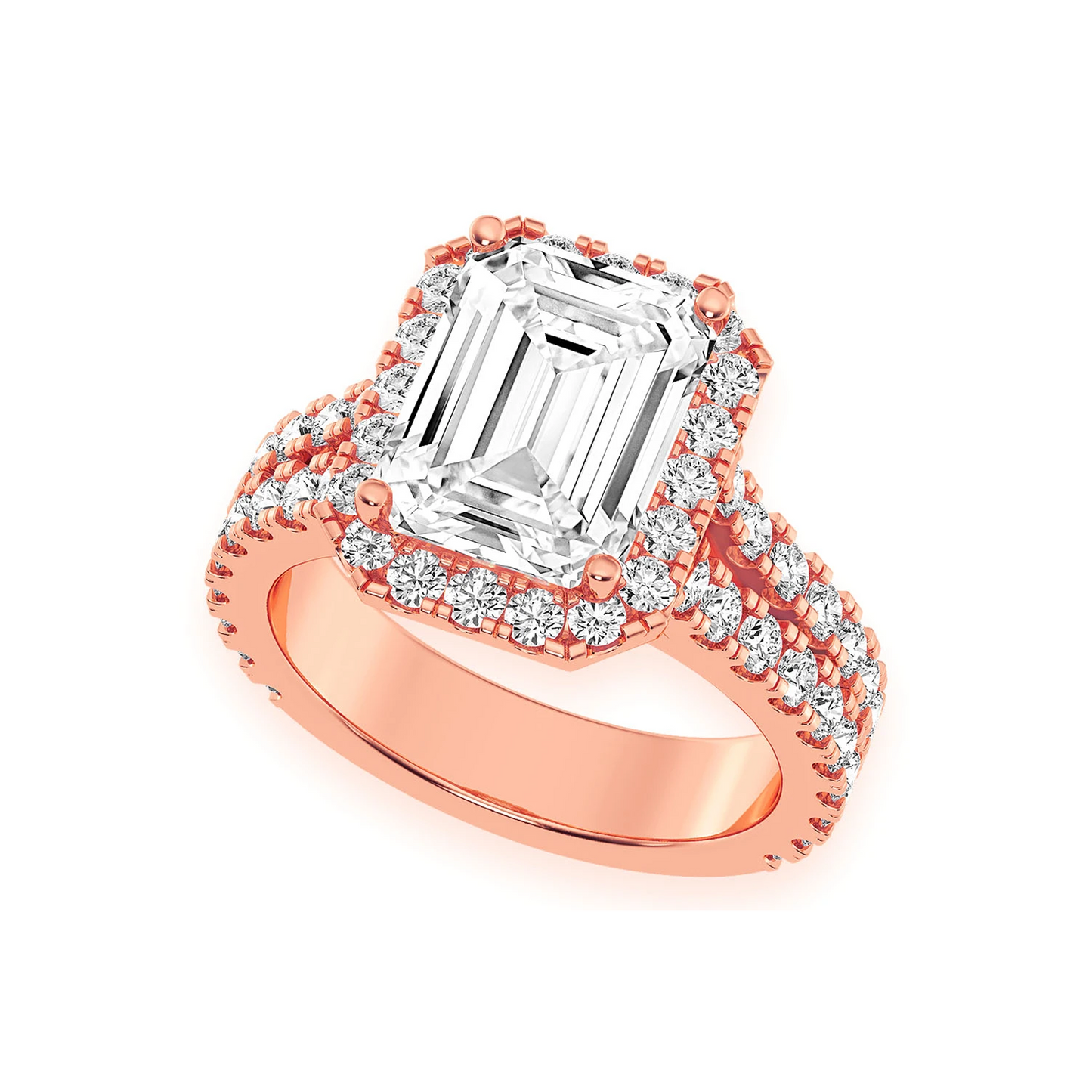 3ct Emerald Cut Split Shank Halo Diamond Engagement Ring in 14K rose gold, angled view
