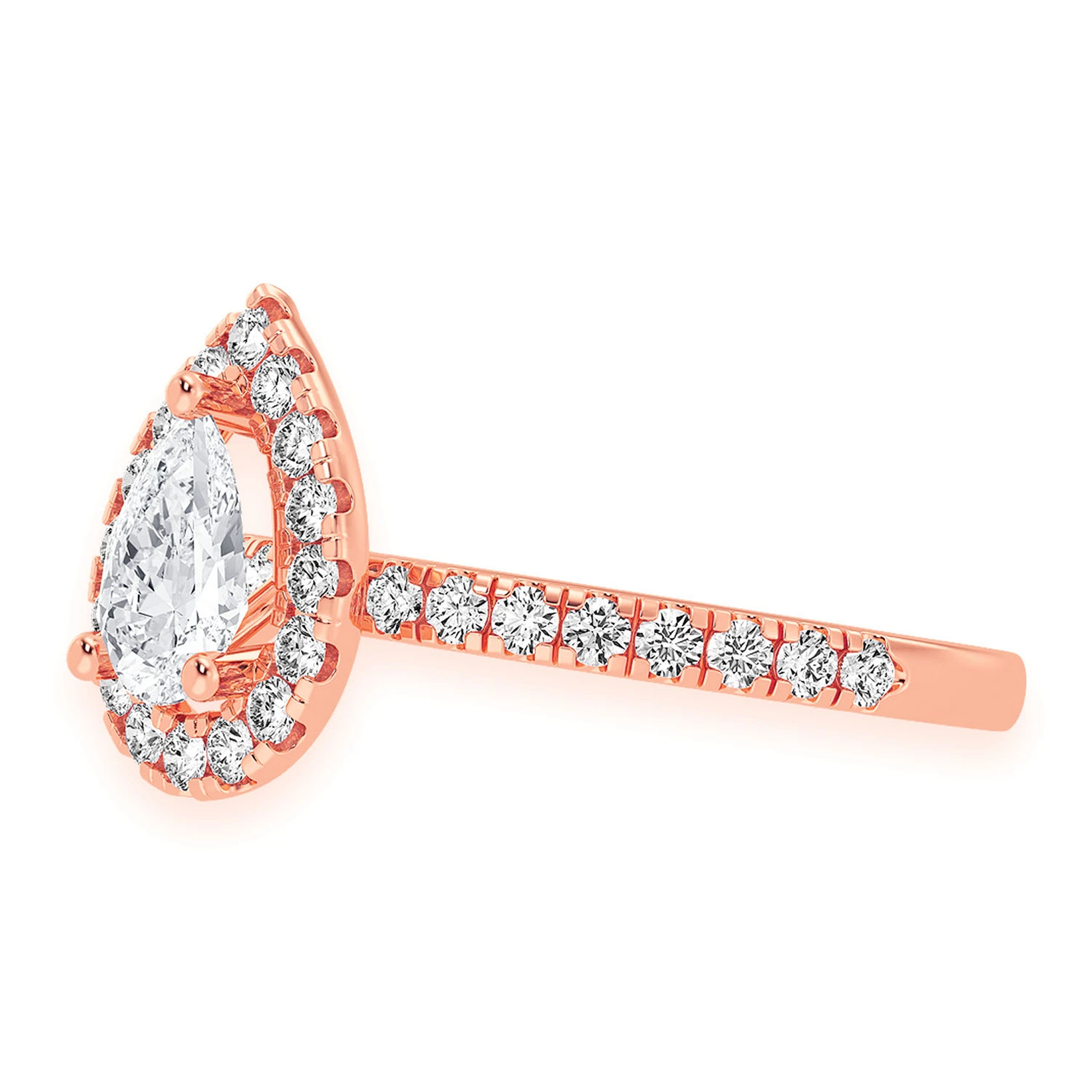 Pear Scallop Halo One Row Diamond Ring in 14K rose gold, detail view