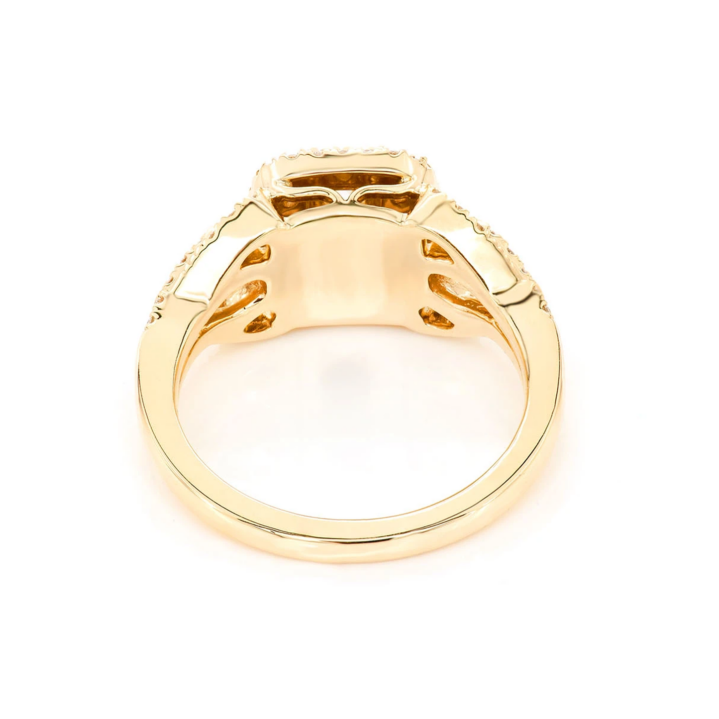 Fancy Shank Cushion Double Halo Ring in 14K yellow gold, detail view