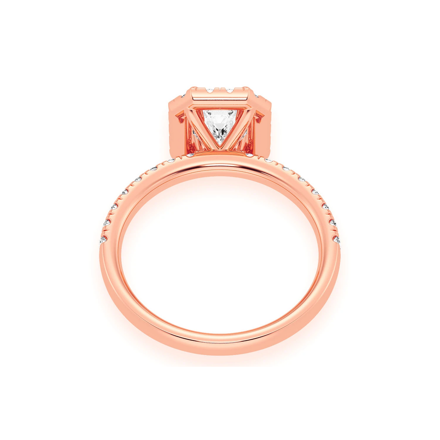 0.75ct Emerald Cut Halo Diamond Engagement Ring in 14K rose gold, alternate view
