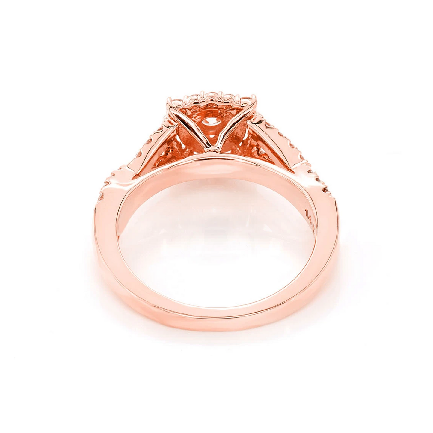 Split Shank Unique Halo Diamond Engagement Ring in 14K rose gold, detail view