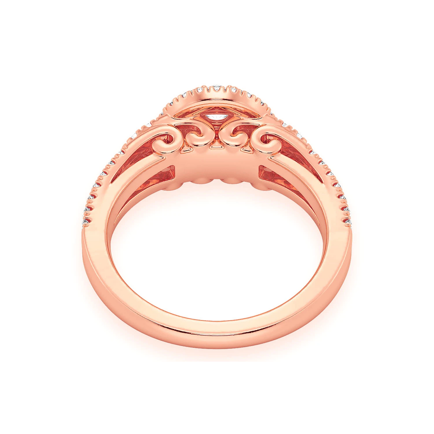 Fancy Shank Tiered Halo Ring in 14K rose gold, detail view
