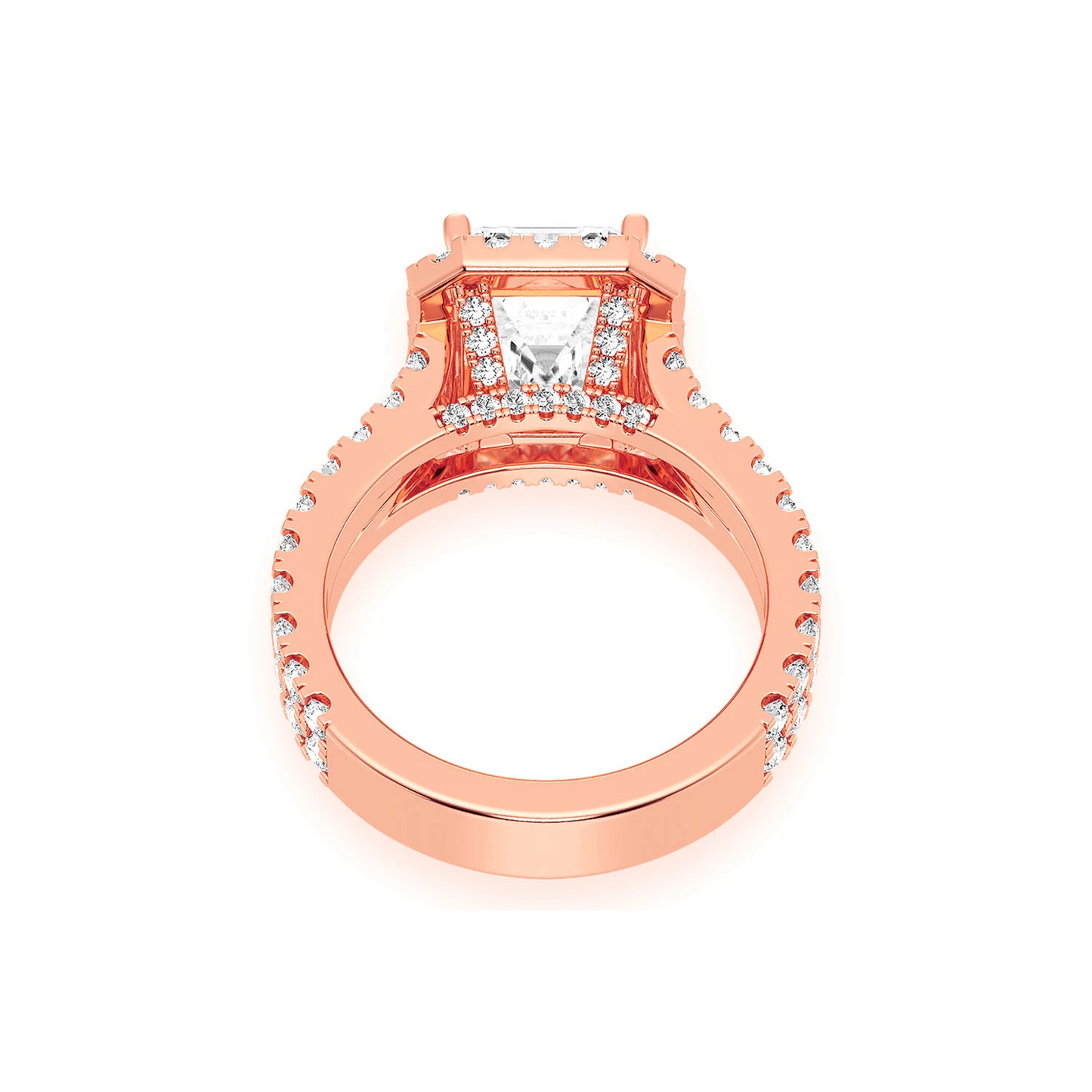3ct Emerald Cut Split Shank Halo Diamond Engagement Ring in 14K rose gold, alternate view