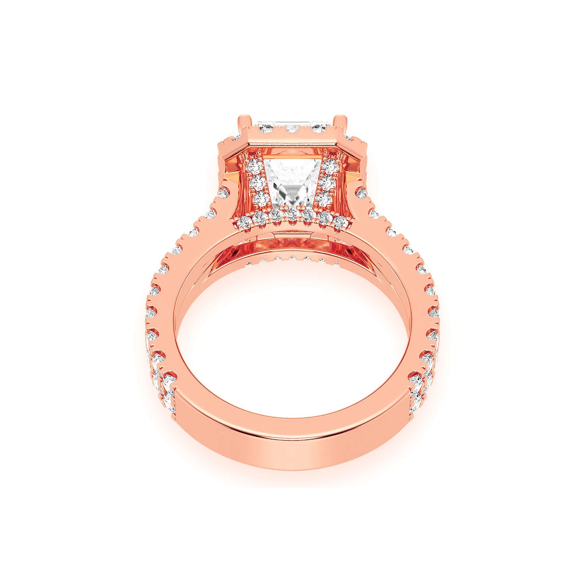 3ct Emerald Cut Split Shank Halo Diamond Engagement Ring in 14K rose gold, alternate view