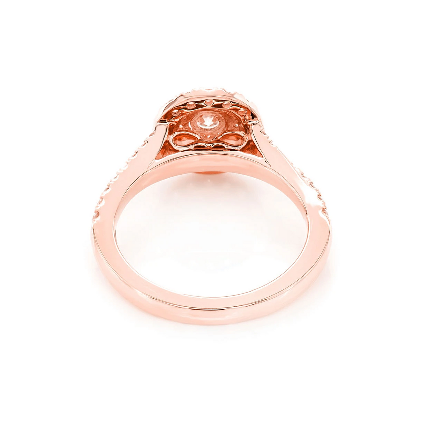 Classic Round Double Halo Diamond Ring in 14K rose gold, detail view