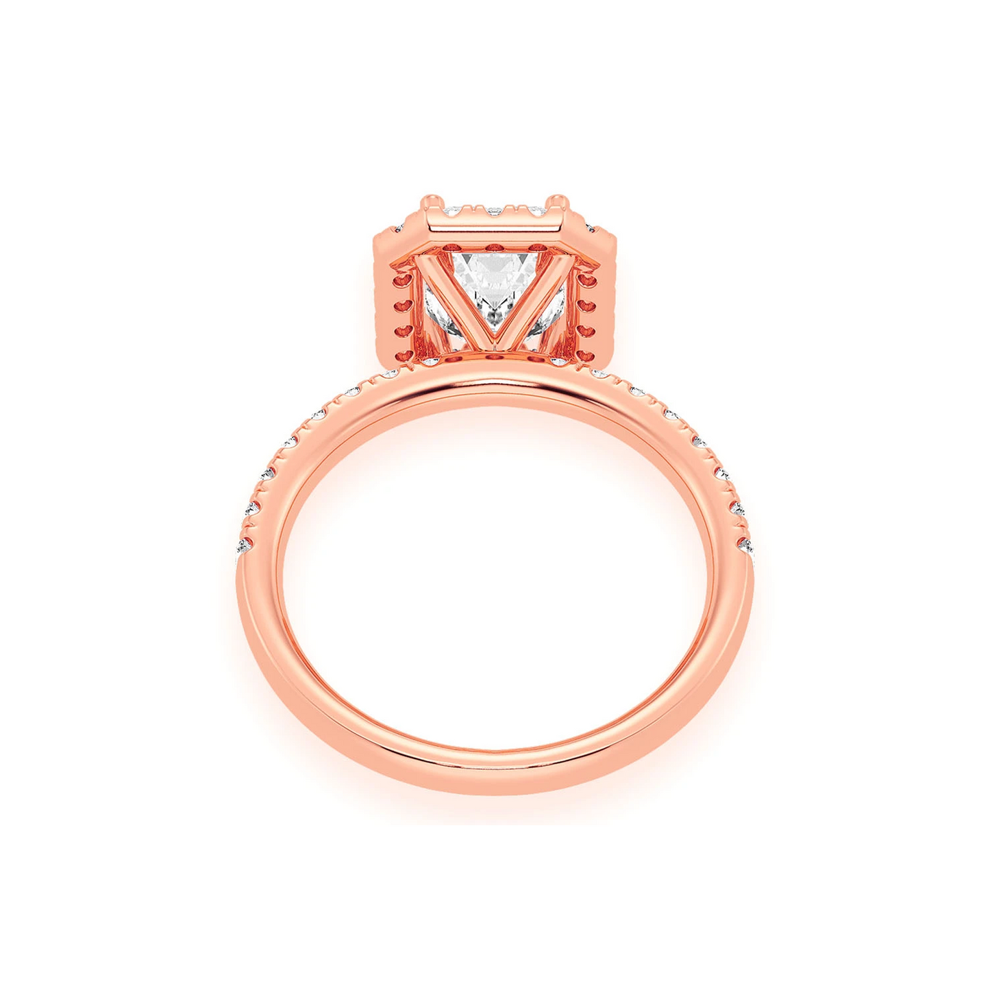 1ct Emerald Cut Scallop Halo Diamond Engagement Ring in 14K rose gold, alternate view