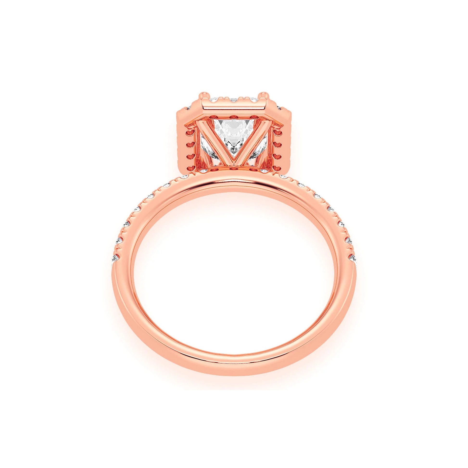 1ct Emerald Cut Scallop Halo Diamond Engagement Ring in 14K rose gold, alternate view