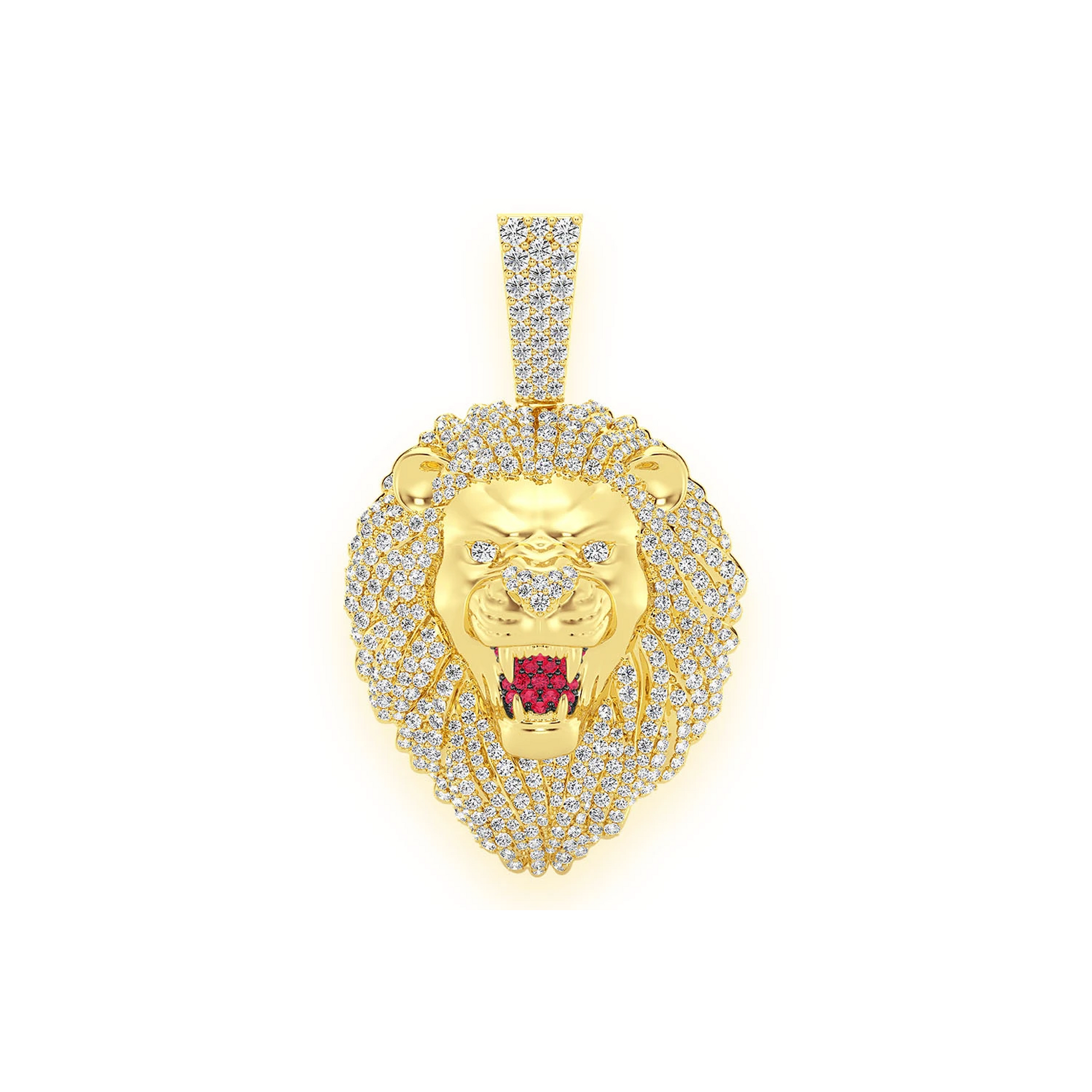 Roaring Lion Diamond Pendant in 14K yellow gold, Signature | Ruby Set Mouth | 3.20ctw, front view
