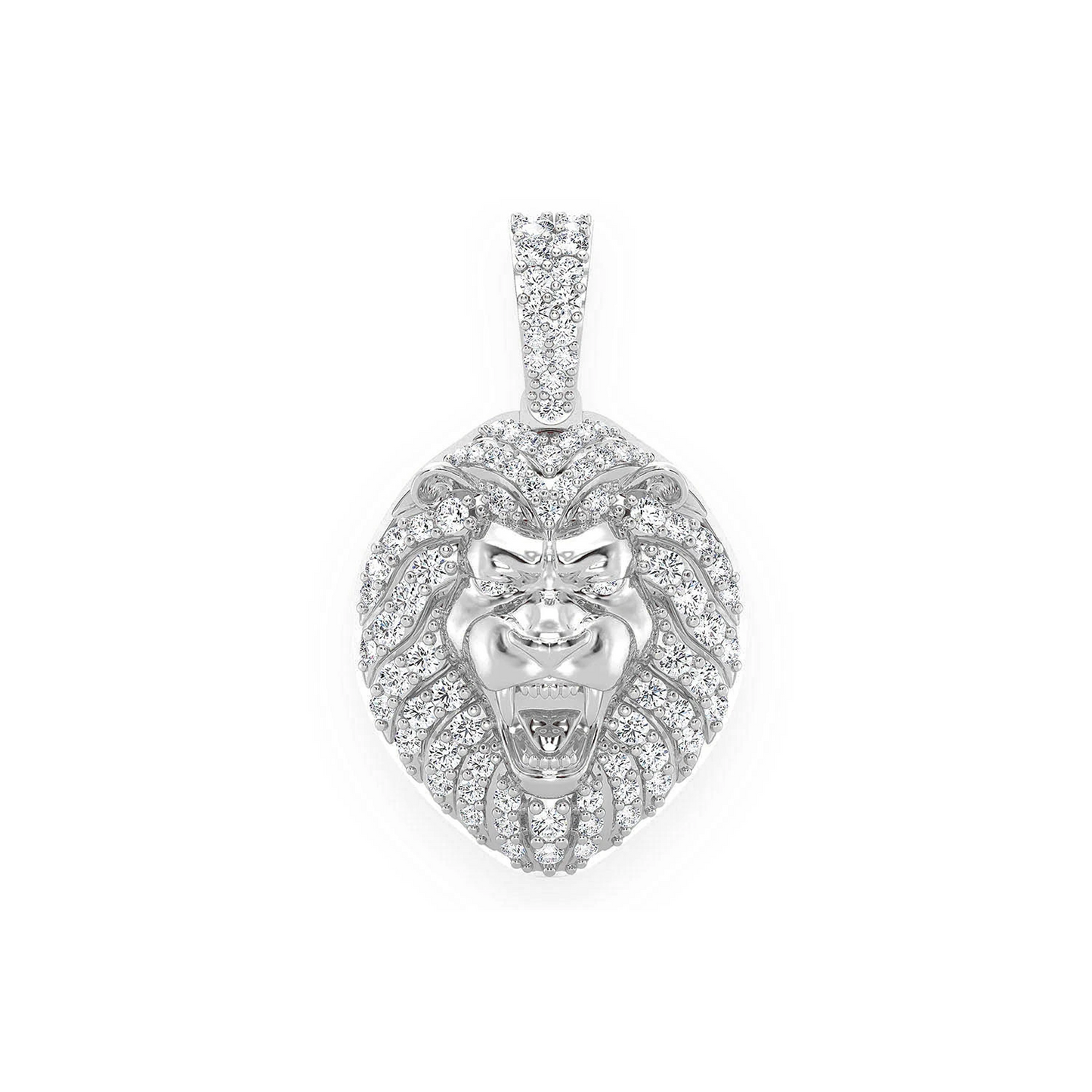 Lion Head Diamond Pendant in 14K white gold, Set | 0.50ctw, front view