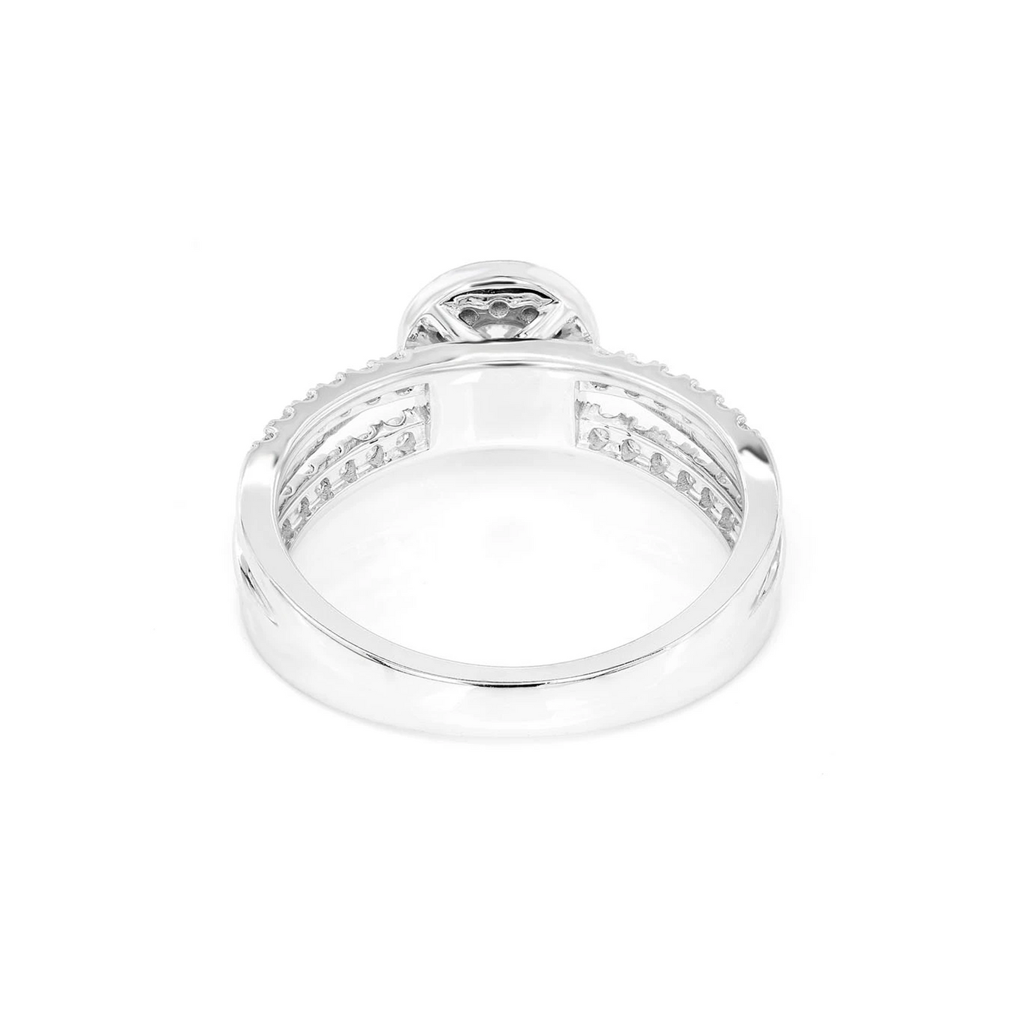 Double Band Round Halo Diamond Engagement Ring in 14K white gold, detail view
