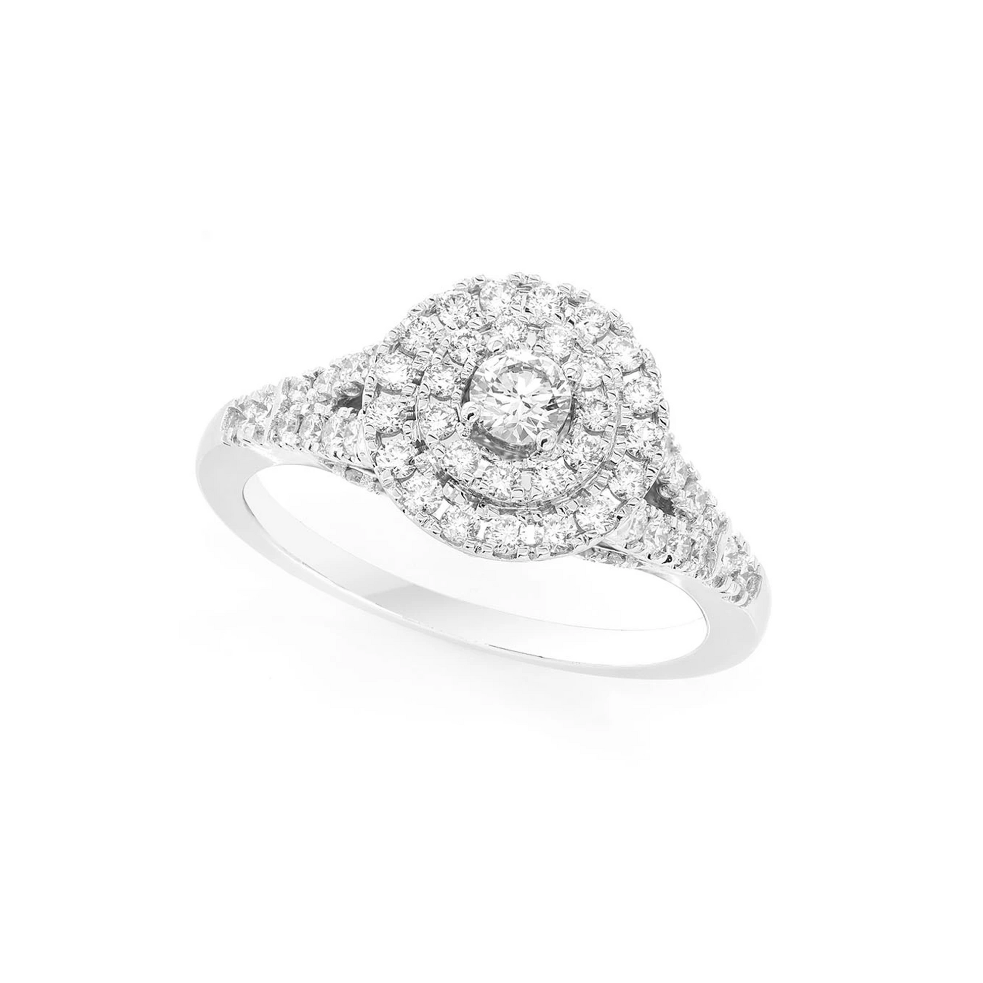 Round Double Halo Tapered Split Shank Engagement Ring in 14K white gold, angled view