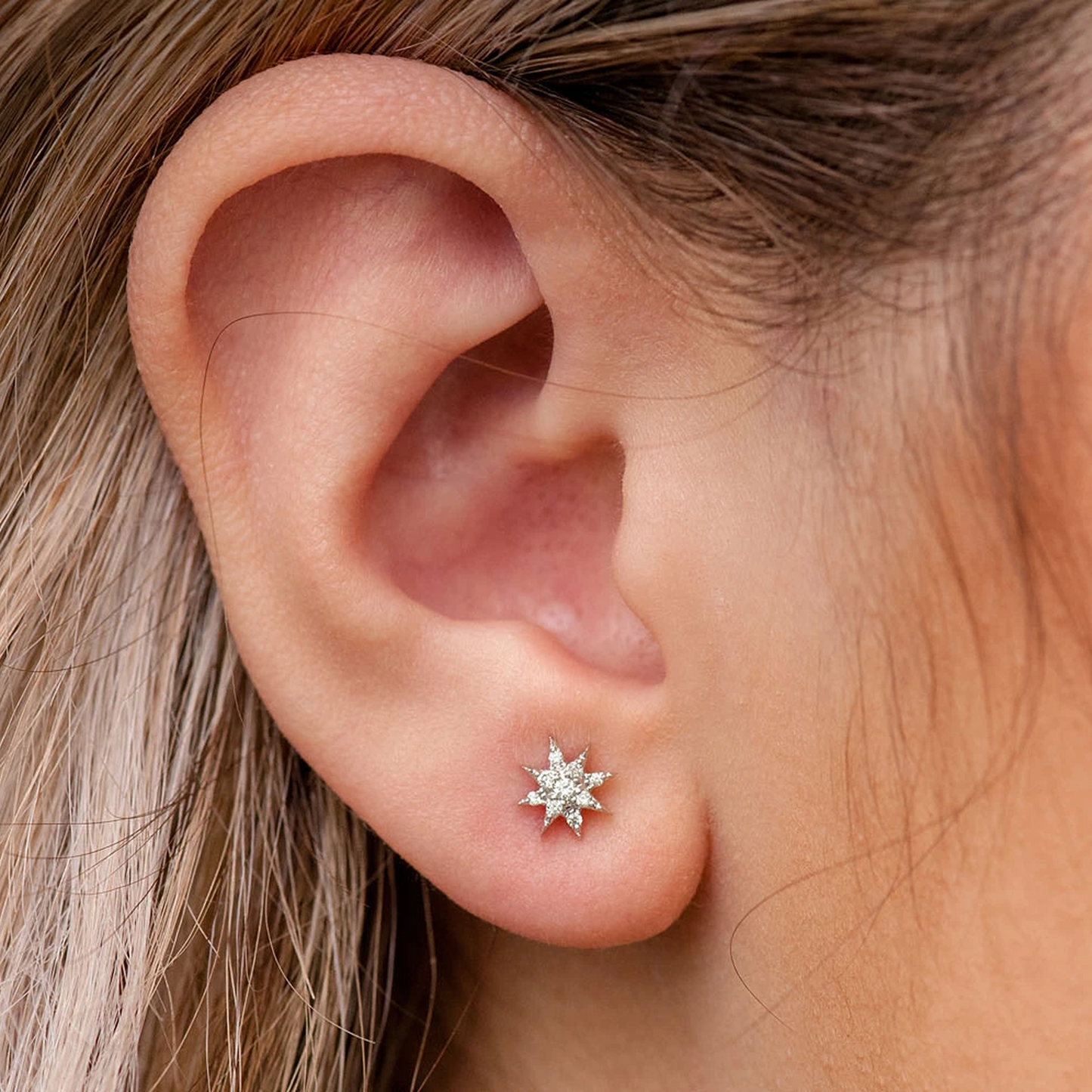 Eight Point Star Diamond Studs in 14K yellow gold, Accent, angled view