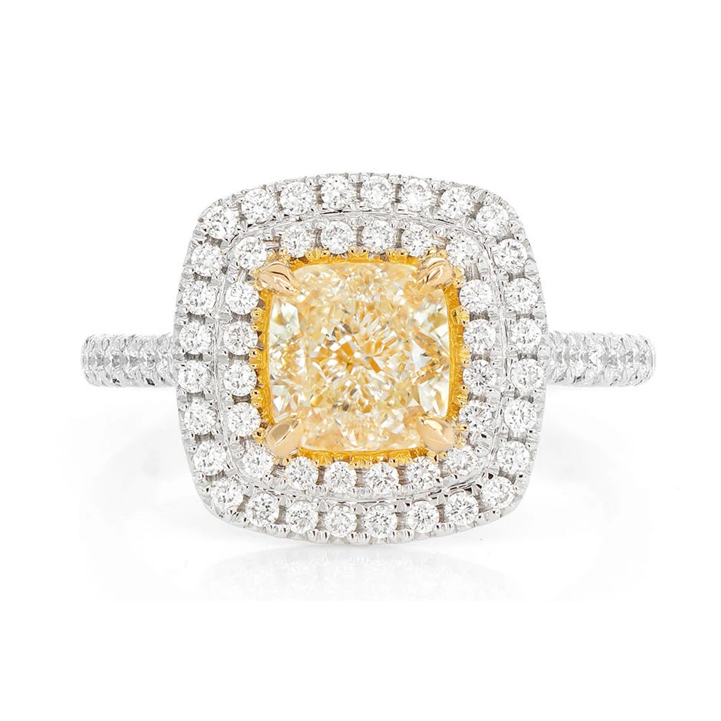 Classic Yellow Diamond Double Halo Engagement Ring in two-tone 14k gold, front view