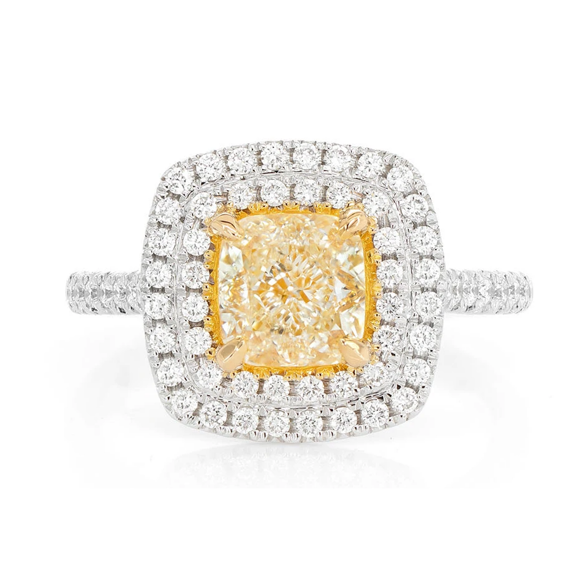 Classic Yellow Diamond Double Halo Engagement Ring in two-tone 14k gold, front view