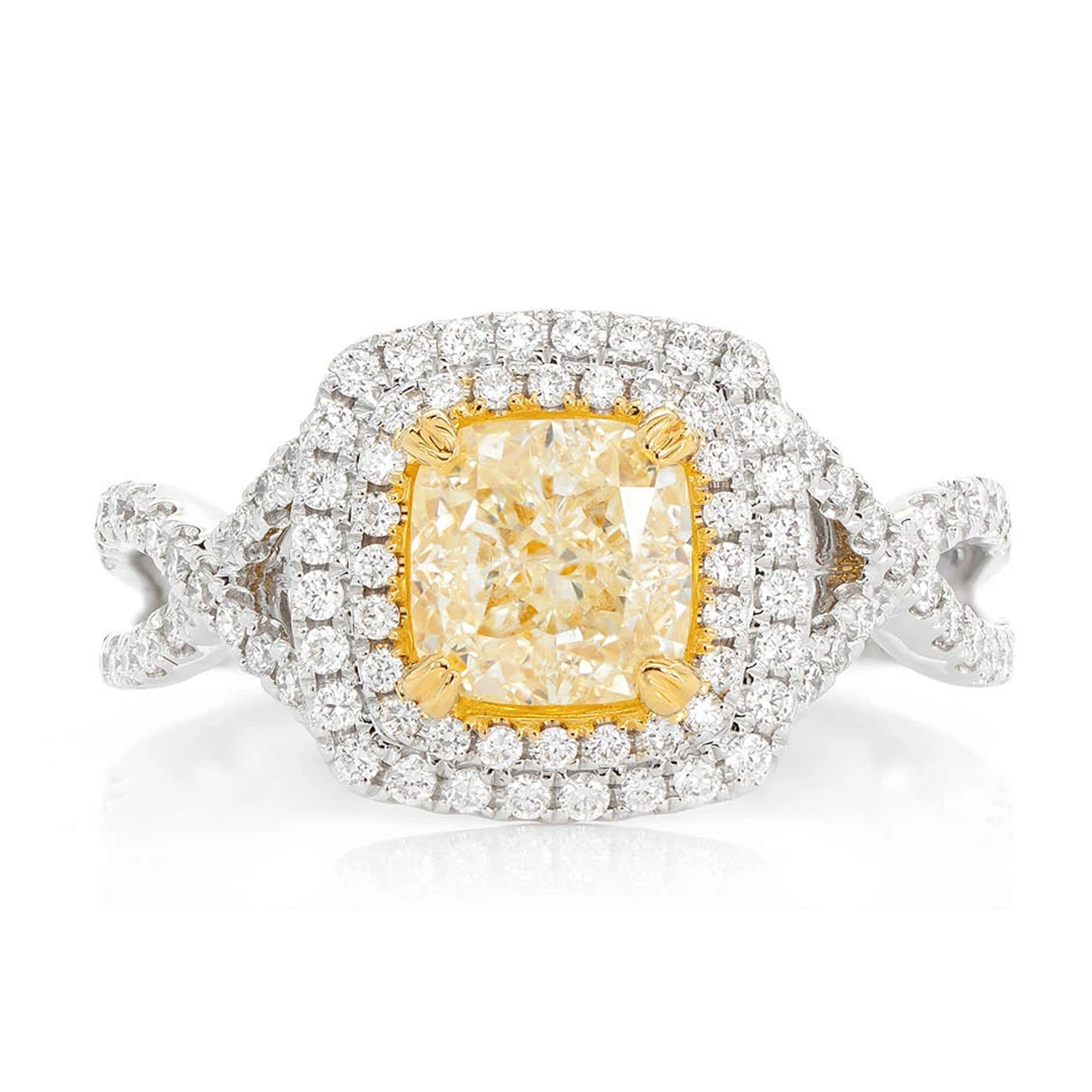 Yellow Diamond Double Halo Engagement Ring in two-tone 14k gold, front view