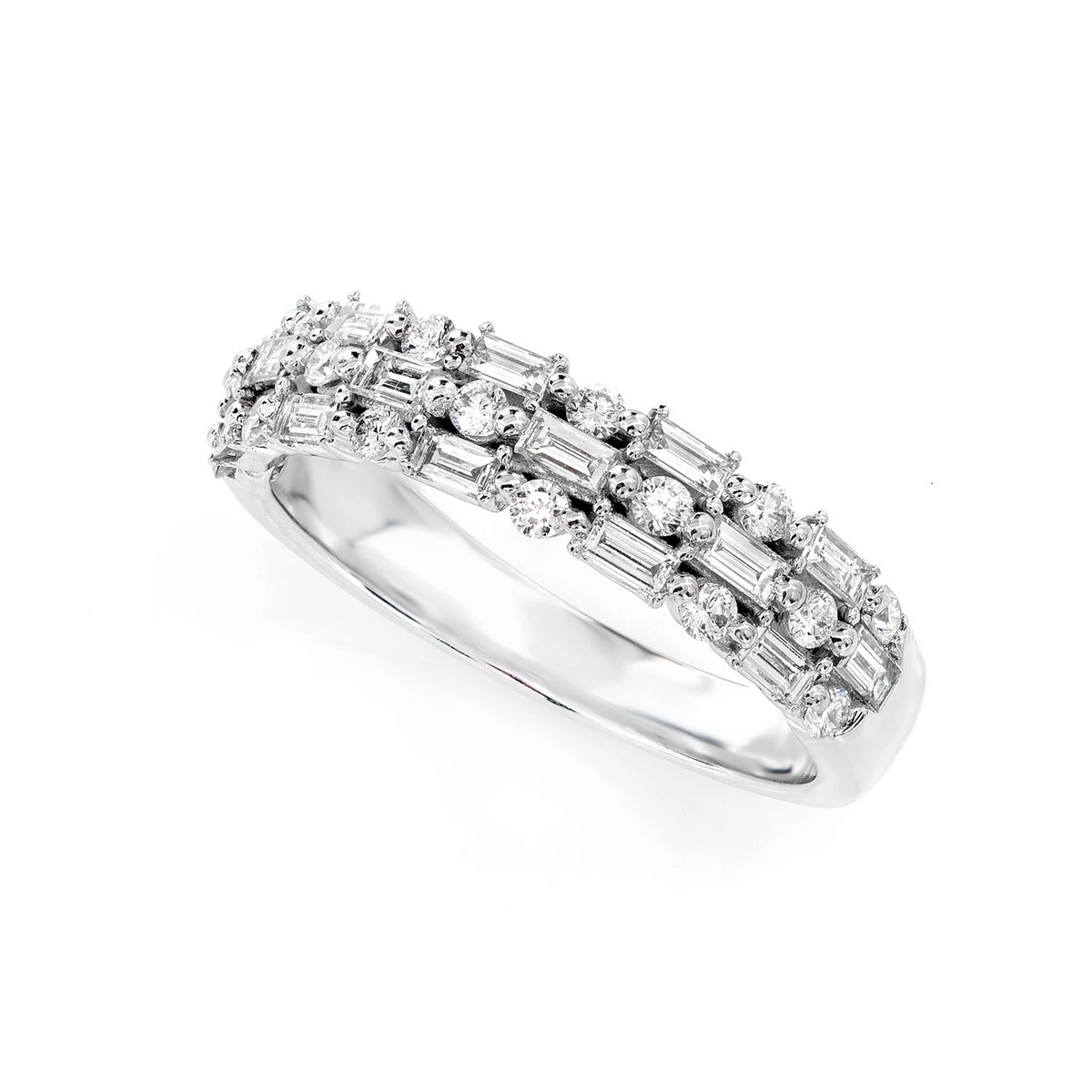 Three Row Alternating Round and Baguette Diamond Ring