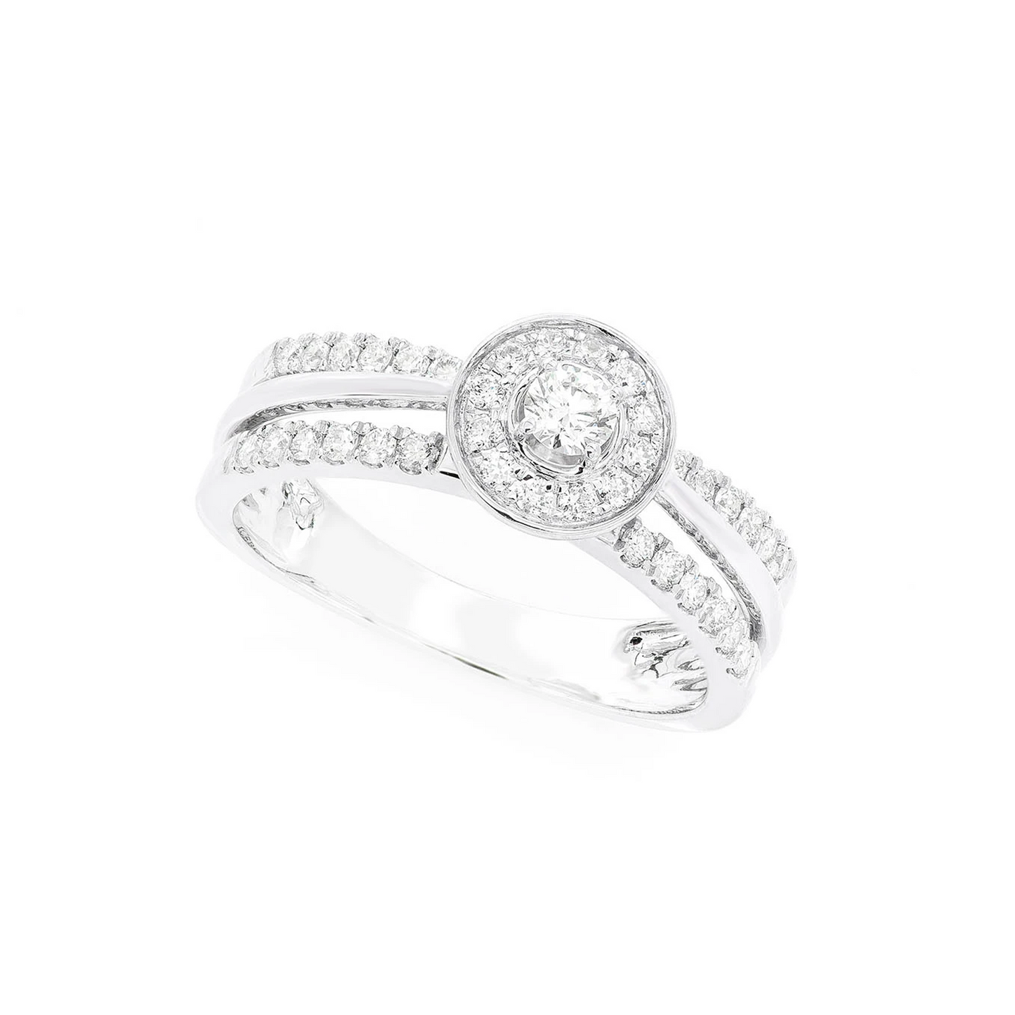 Double Band Round Halo Diamond Engagement Ring in 14K white gold, angled view