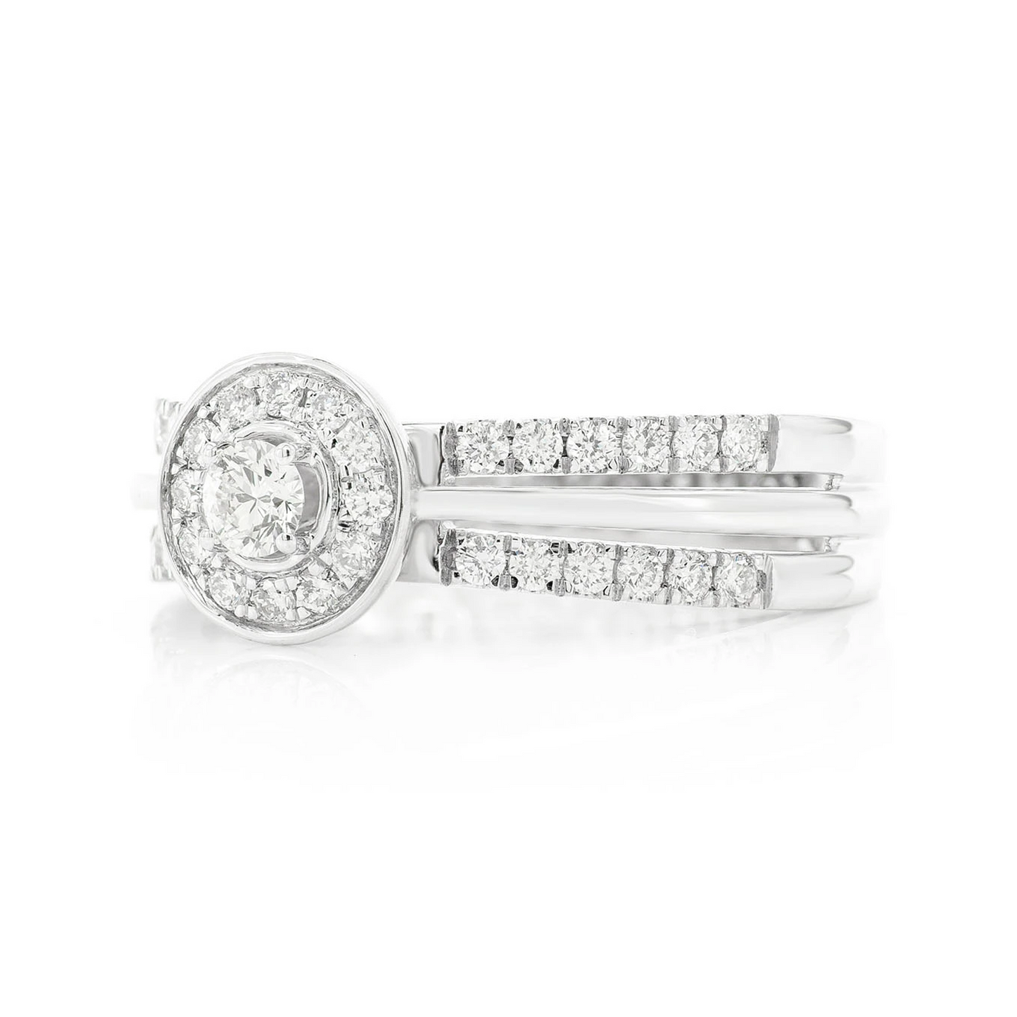 Double Band Round Halo Diamond Engagement Ring in 14K white gold, side view