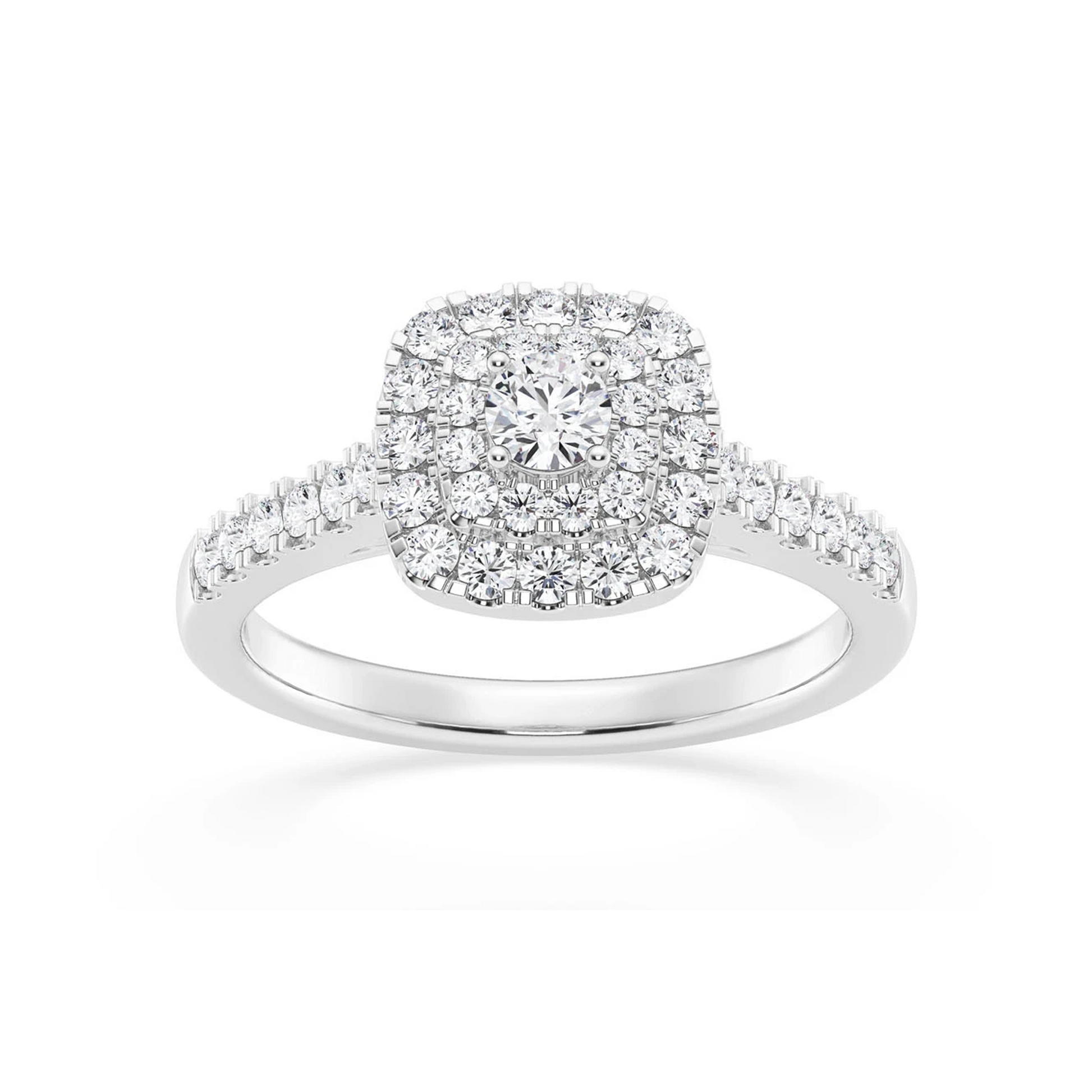 Three Layer Square Halo Engagement Ring in 14K white gold, angled view