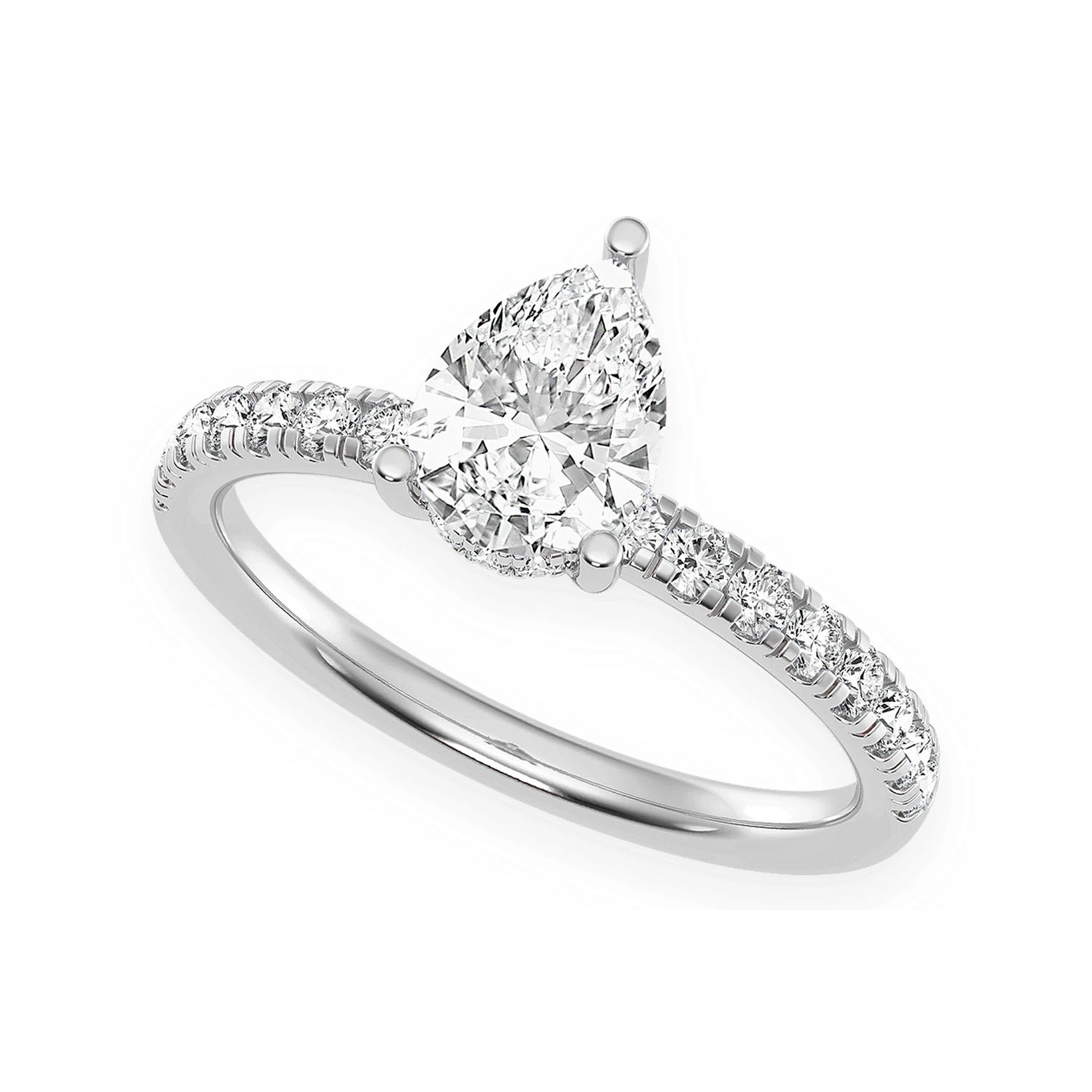 Pear Solitaire One Row Under Halo Ring in 14K white gold, angled view