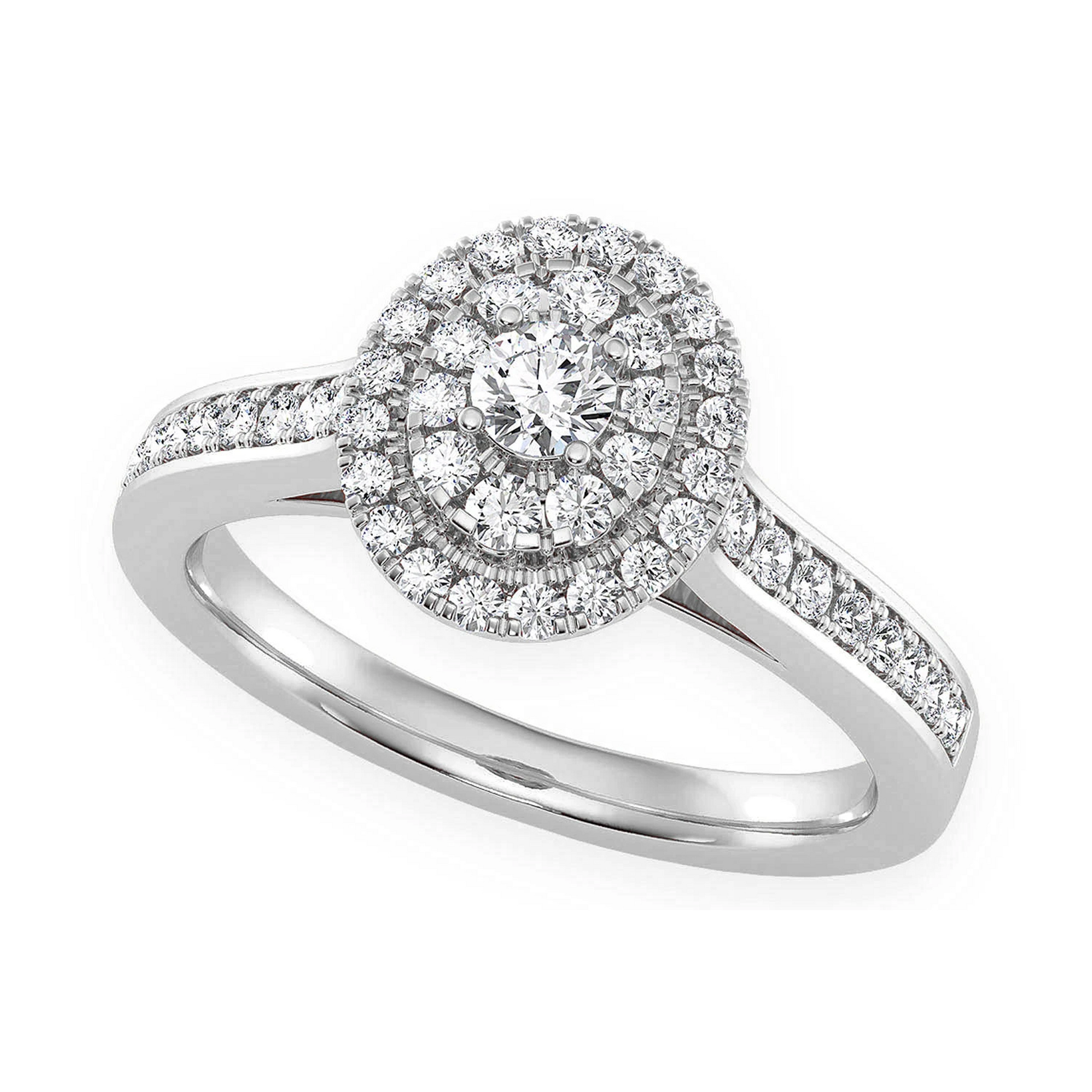 Layered Oval Diamond Engagement Ring in 14K white gold, angled view