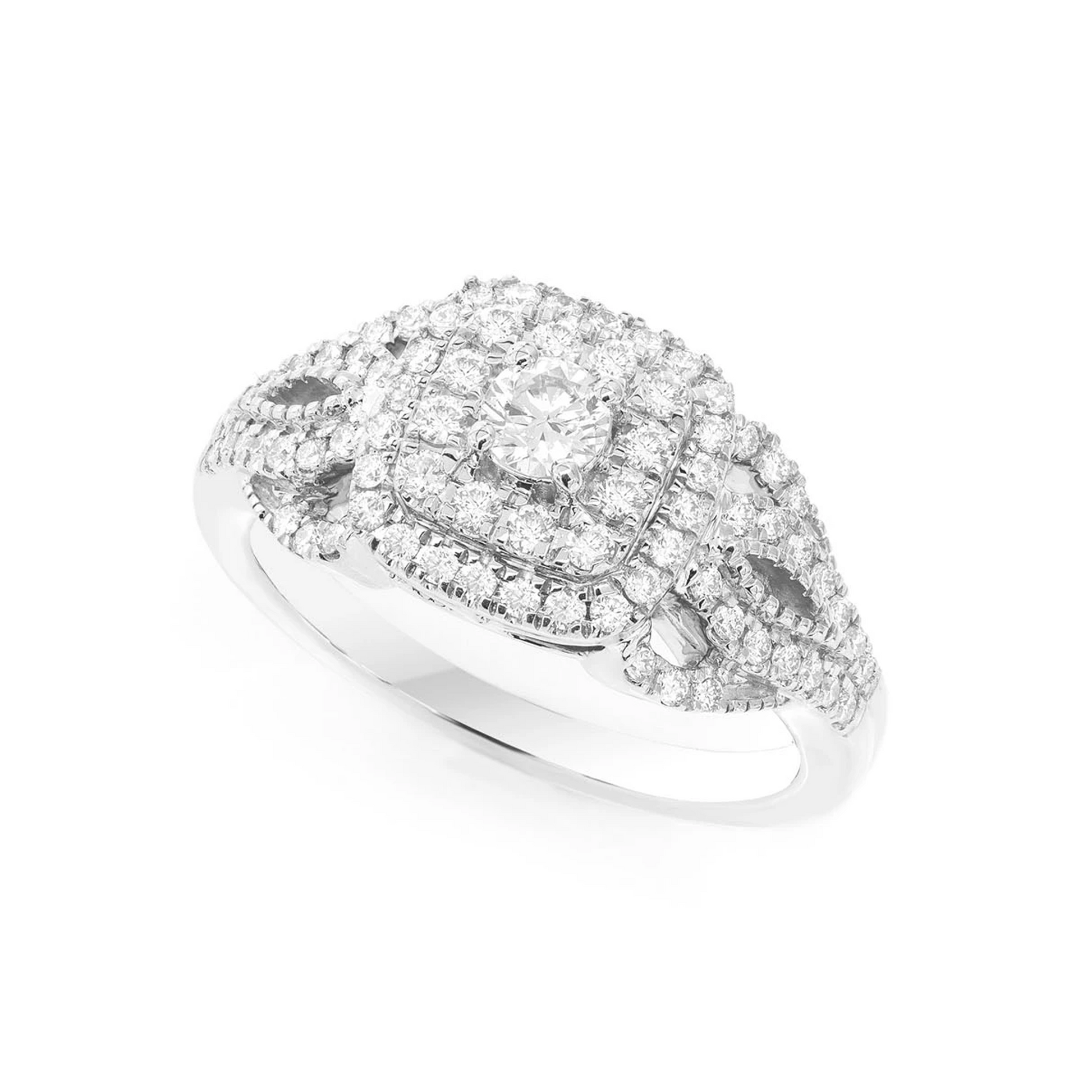 Fancy Shank Cushion Double Halo Ring in 14K white gold, angled view
