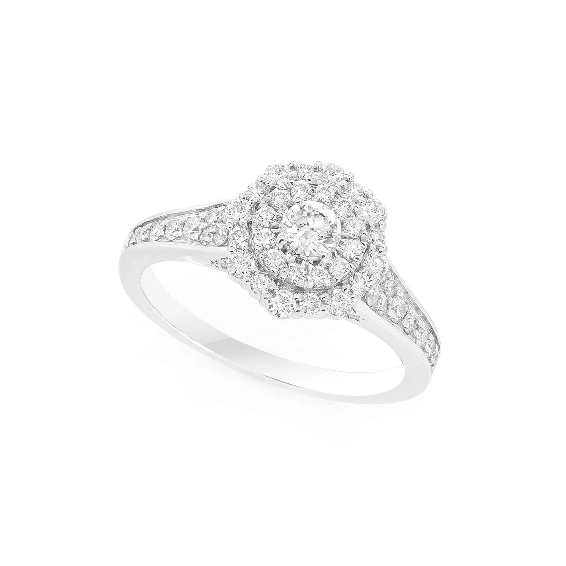 Fancy Double Halo Diamond Ring in 14K white gold, angled view