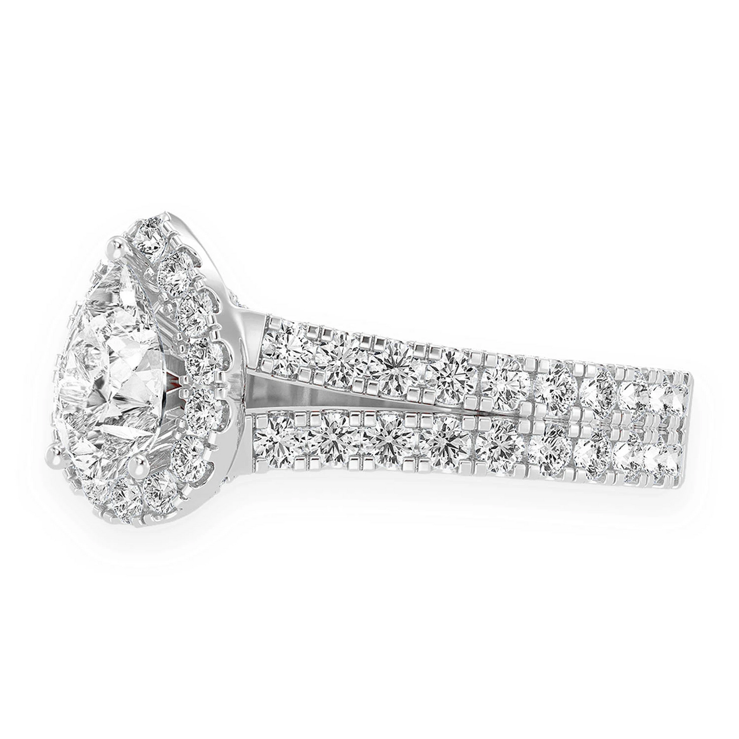 Pear Solitaire Two Row Split Scallop Ring in 14K white gold, detail view