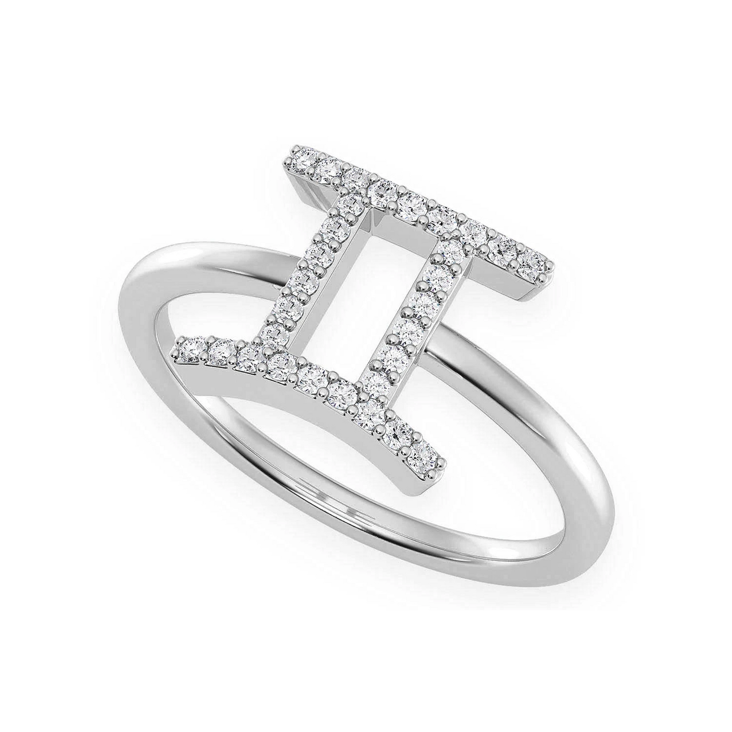 Zodiac Diamond Ring in 14K white gold, Gemini design, detail view