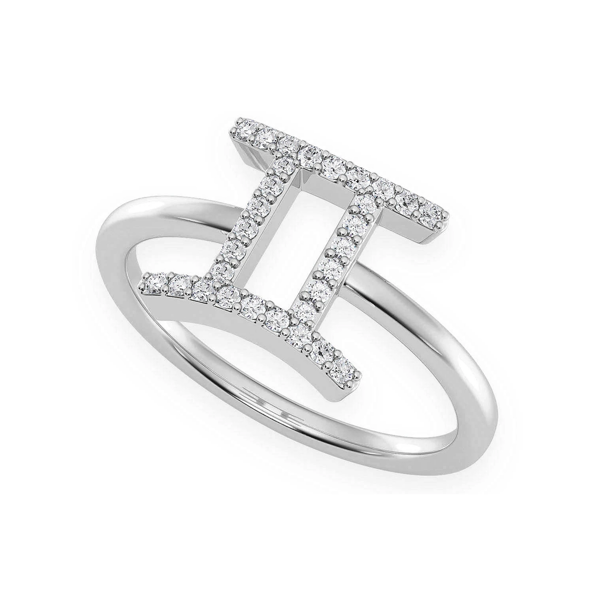 Zodiac Diamond Ring in 14K white gold, Gemini design, detail view
