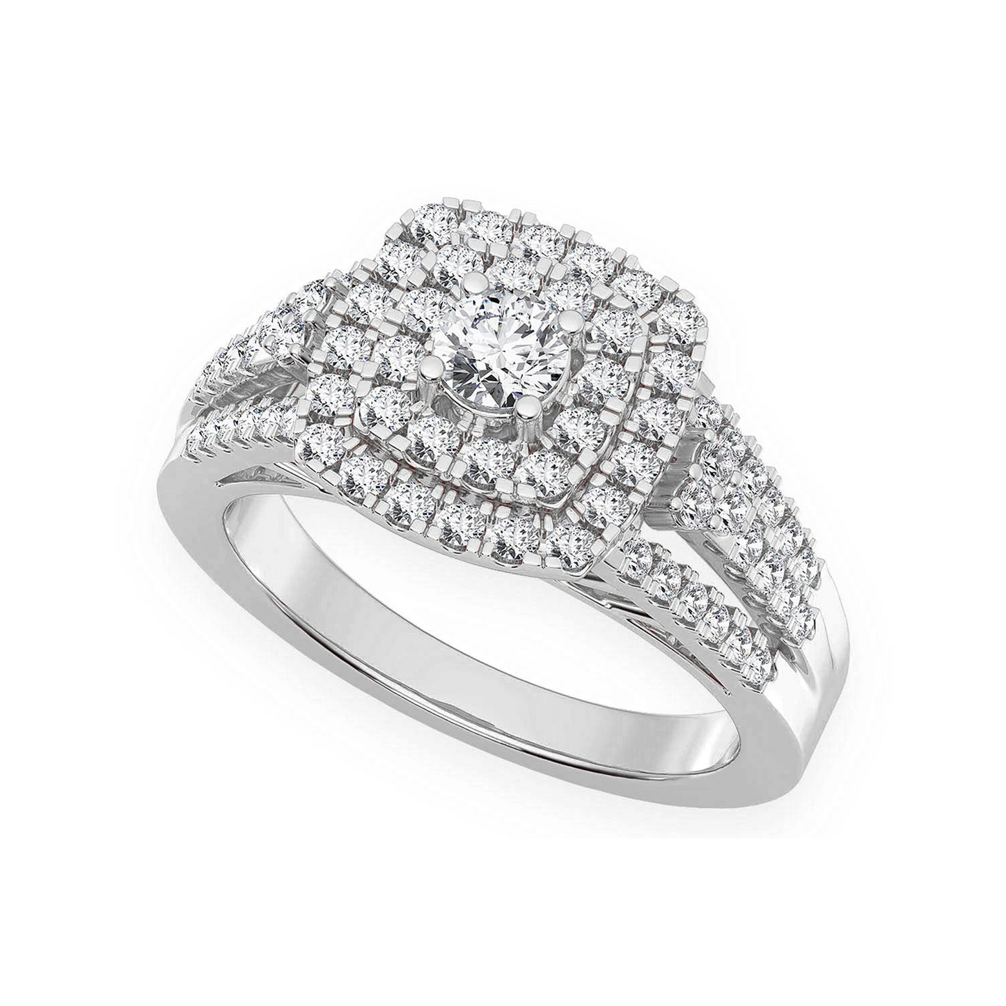 Princess Cut Double Halo Ring in 14K white gold, angled view