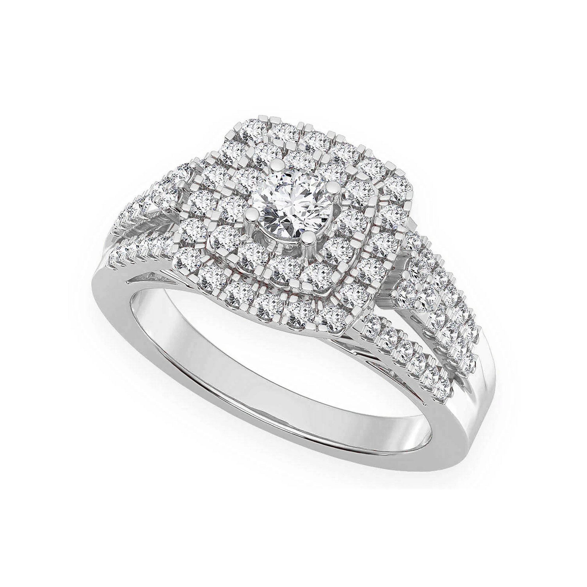 Princess Cut Double Halo Ring in 14K white gold, angled view