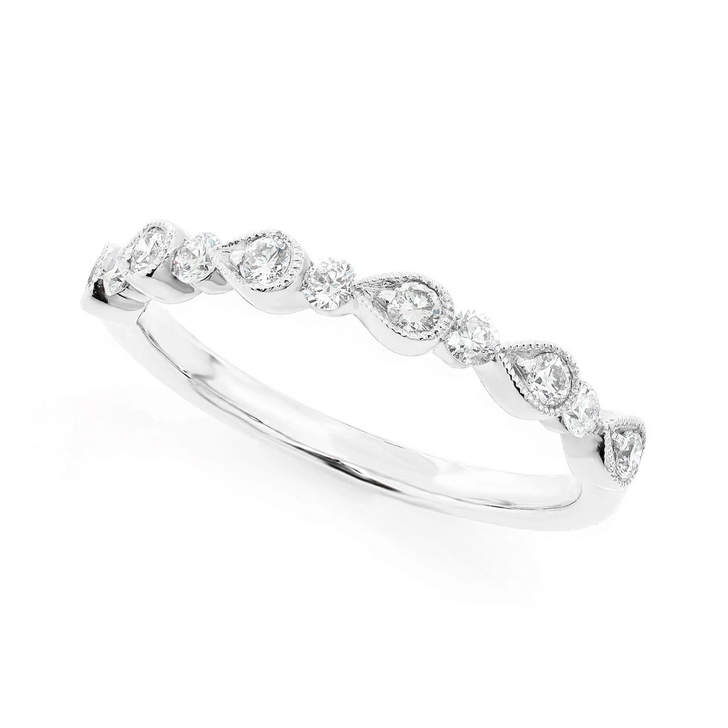 Round & Pear Bezel Stackable Diamond Ring in 14K white gold, detail view