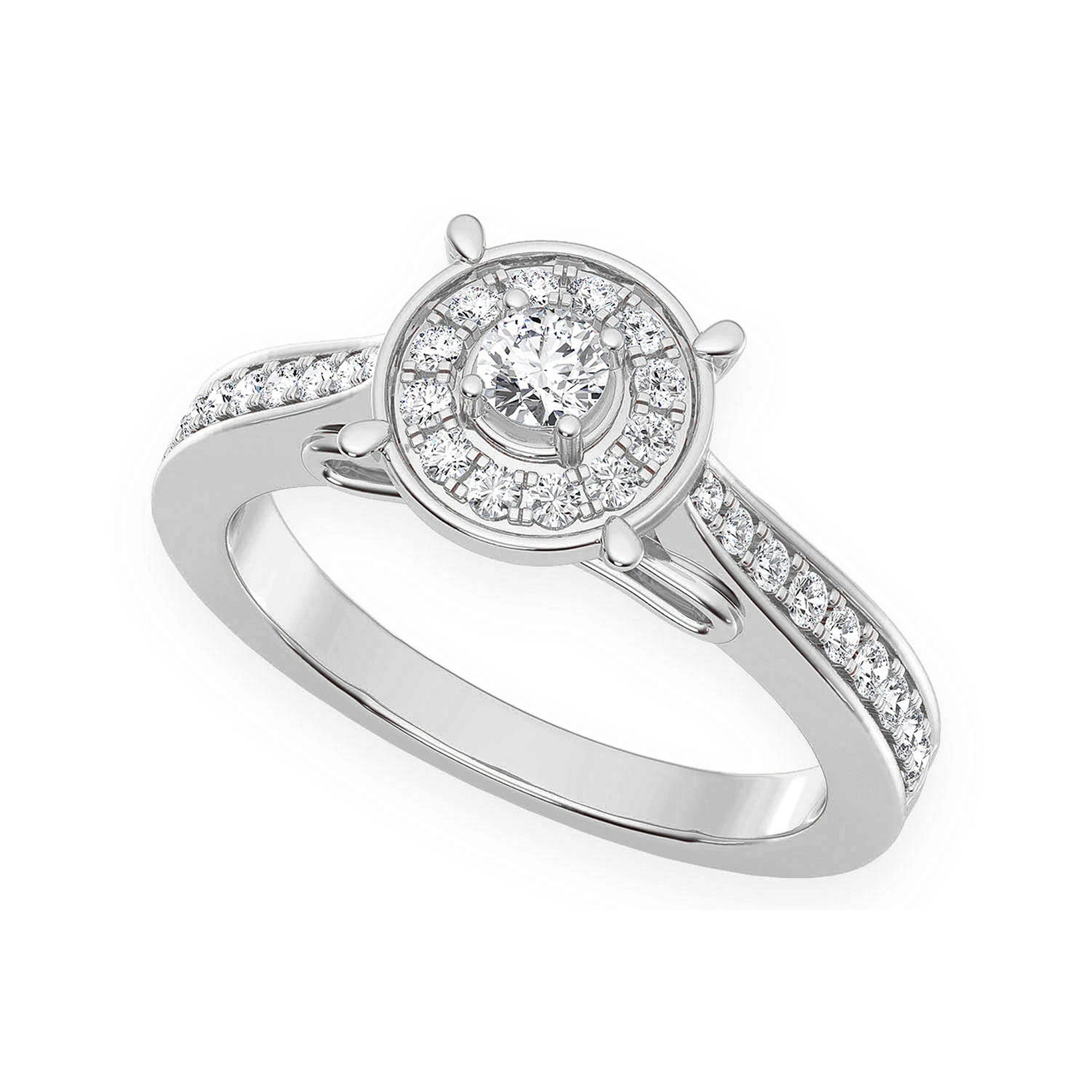 Round Halo Diamond Engagement Ring in 14K white gold, angled view