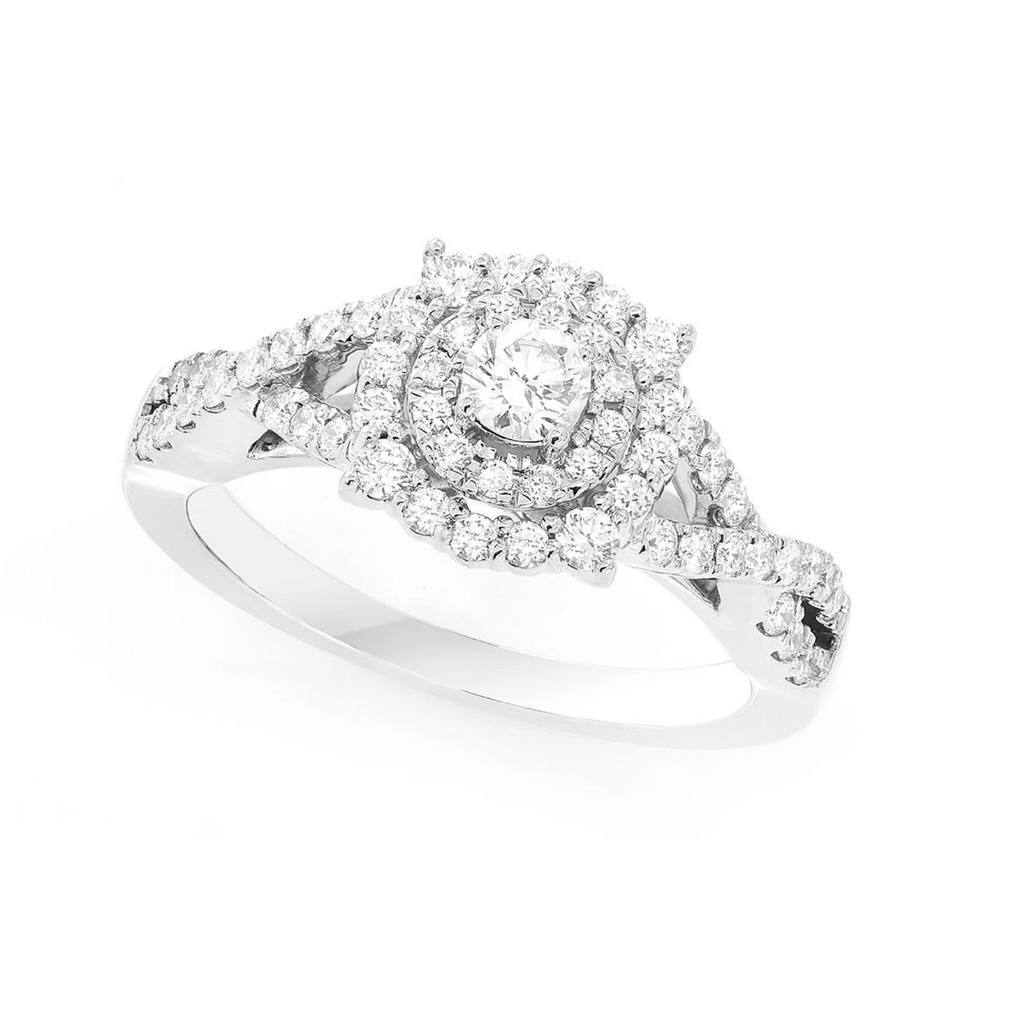 Split Shank Unique Halo Diamond Engagement Ring in 14K white gold, angled view
