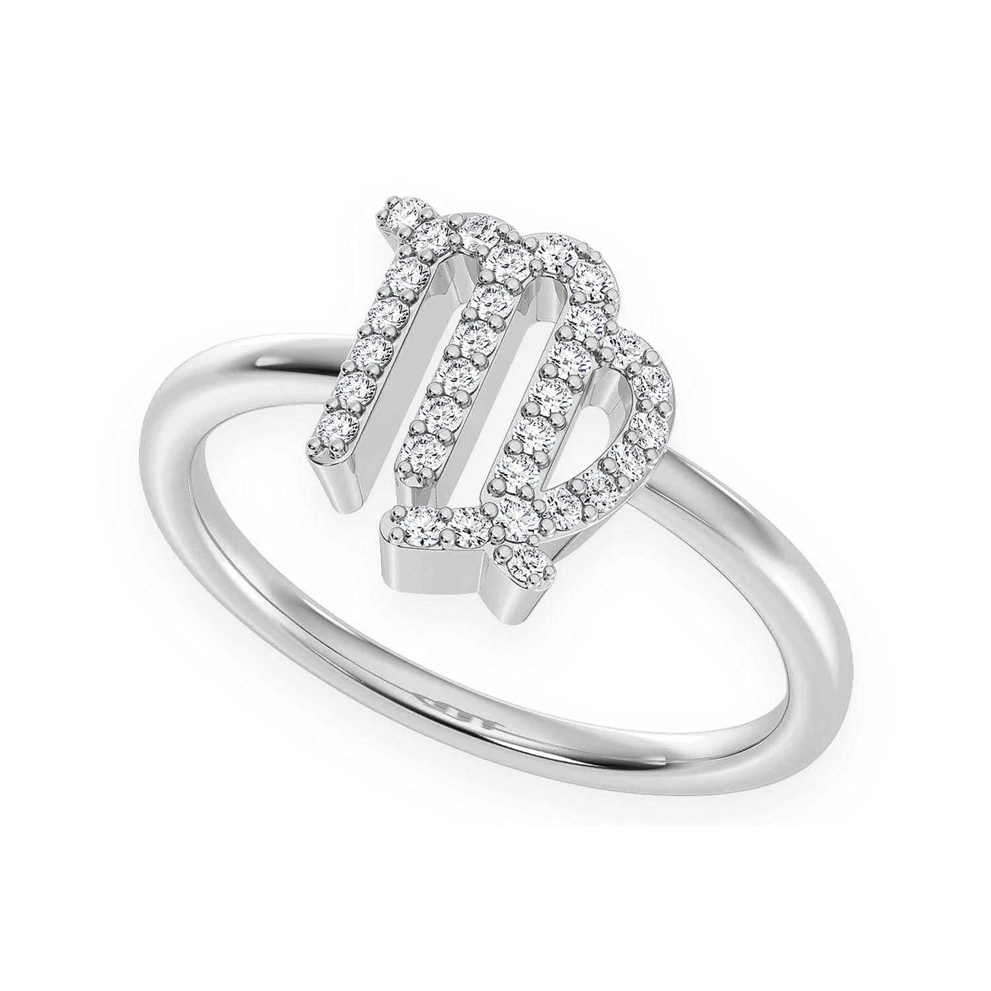 Zodiac Diamond Ring in 14K white gold, Virgo design, angled view