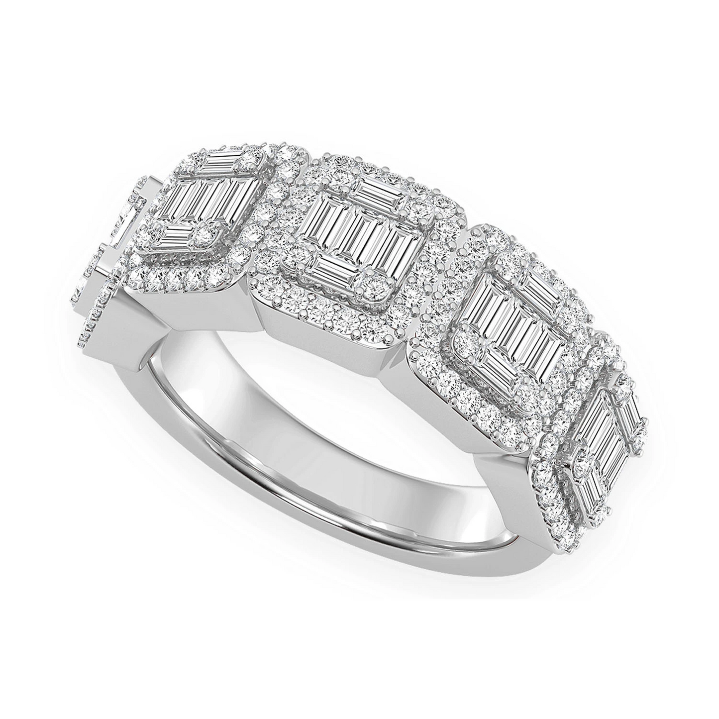 Baguette & Round Diamond Band Ring in 14K white gold, angled view