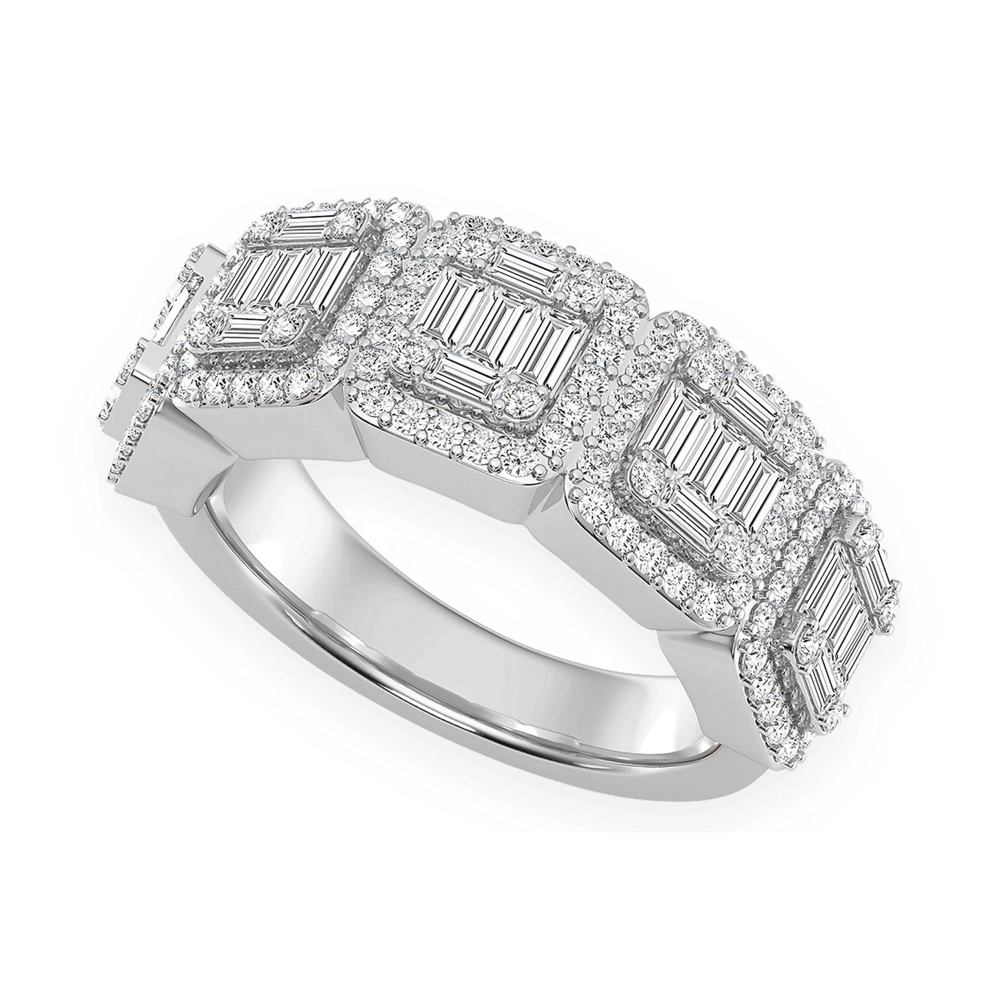 Baguette & Round Diamond Band Ring in 14K white gold, angled view