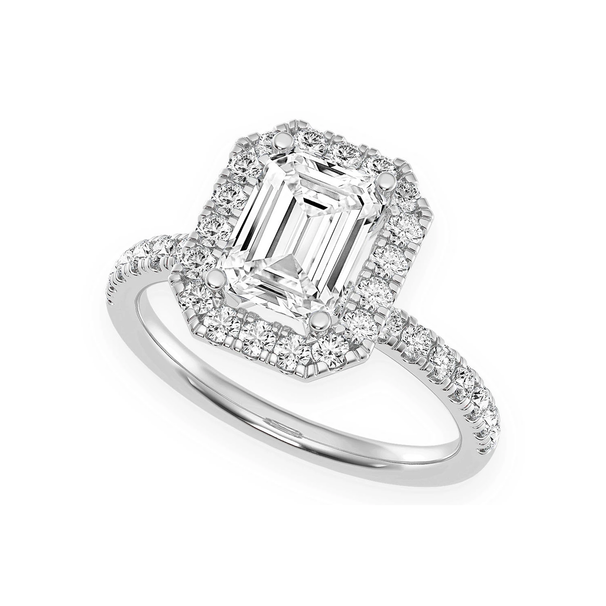 1ct Emerald Cut Scallop Halo Diamond Engagement Ring in 14K white gold, angled view