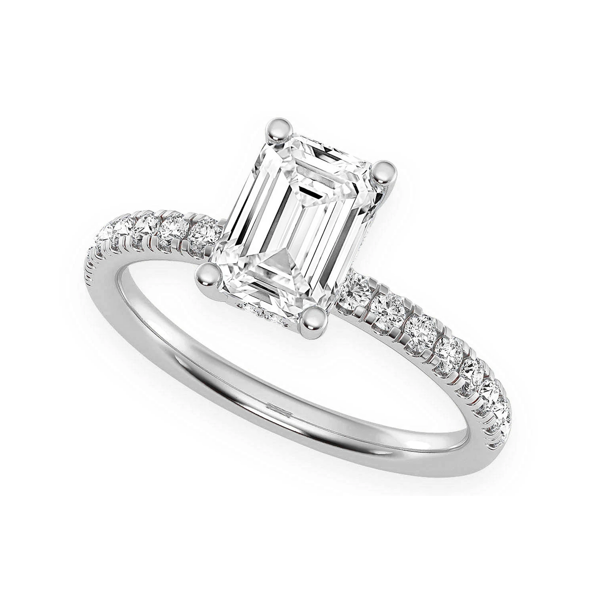 1ct Emerald Cut Under Halo Diamond Ring in 14K white gold, detail view