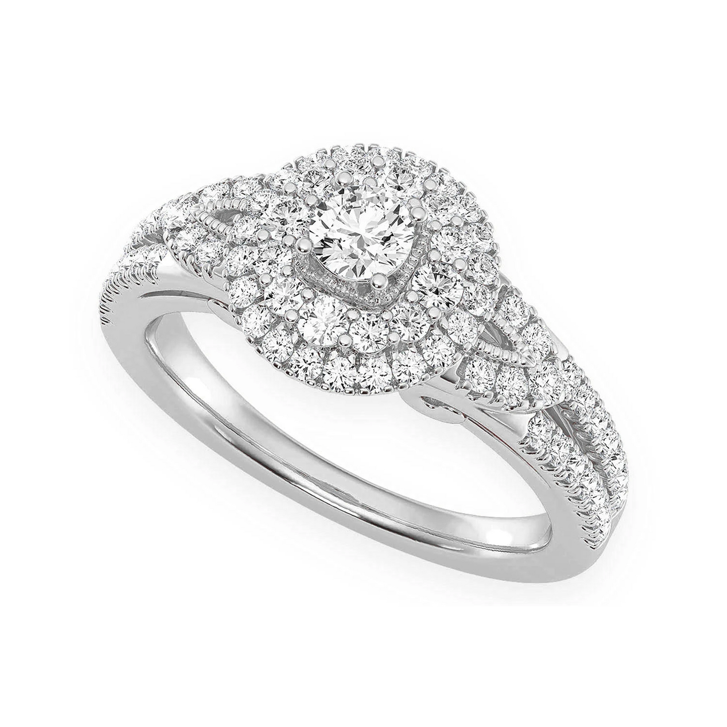 Fancy Shank Tiered Halo Ring in 14K white gold, angled view
