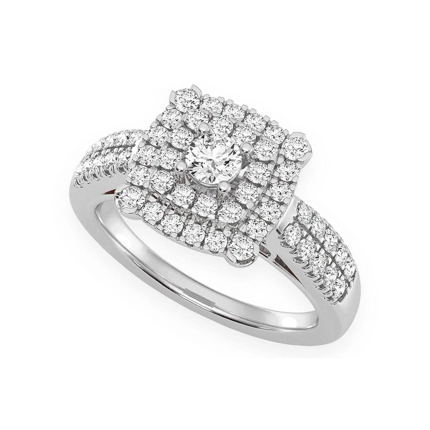 Square Double Halo Diamond Ring in 14K white gold, angled view