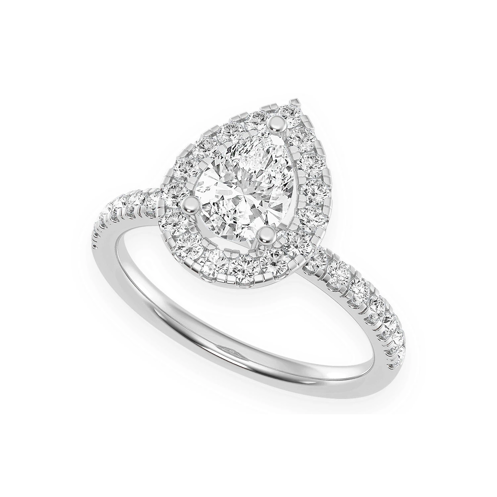 Pear Scallop Halo One Row Diamond Ring in 14K white gold, angled view