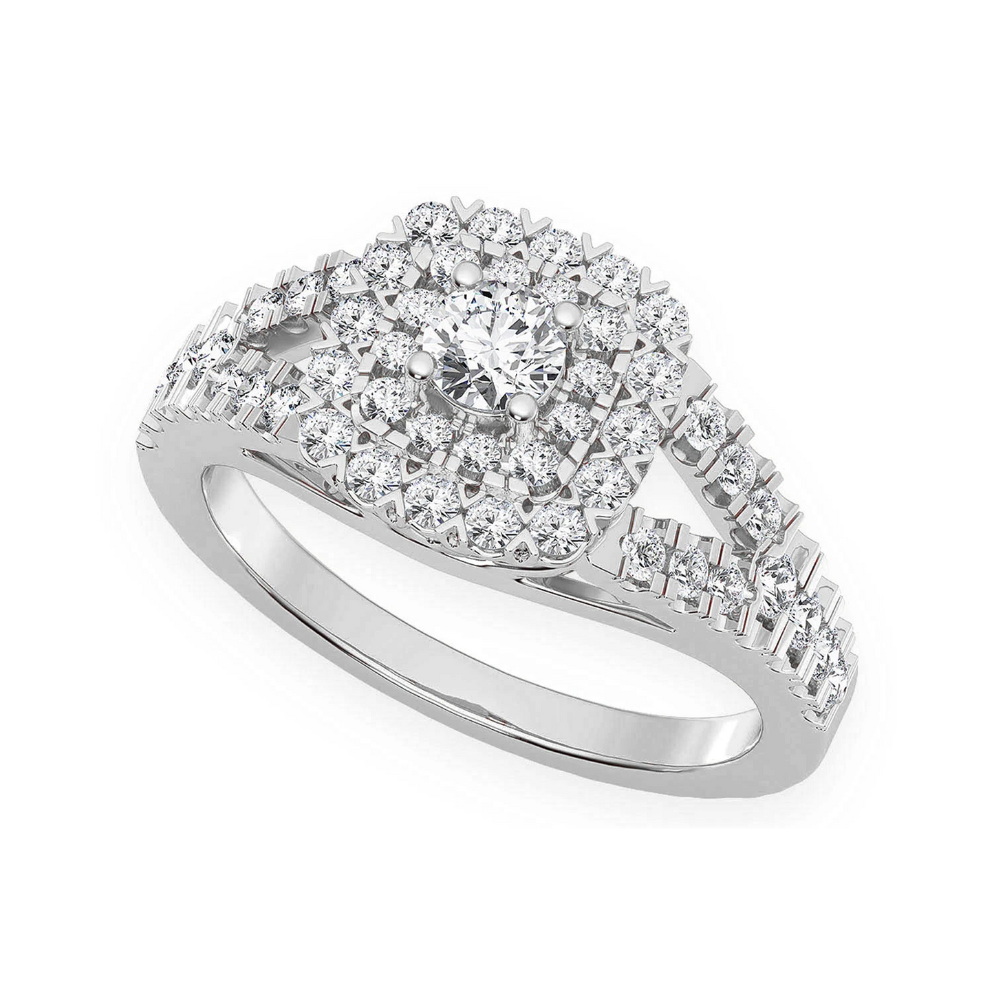 Cushion Double Halo Split Shank Ring in 14K white gold, angled view