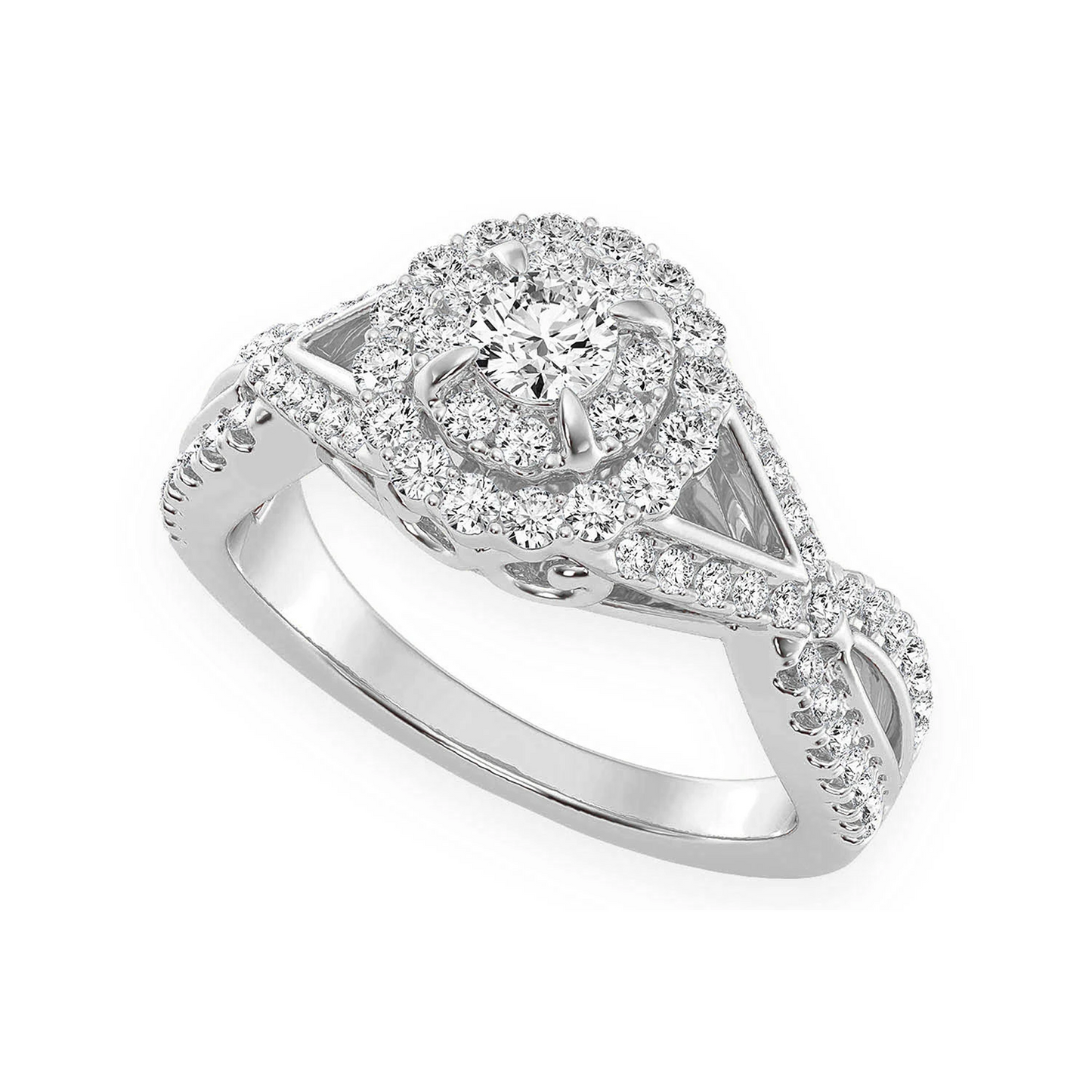 Double Band Halo Diamond Ring in 14K white gold, angled view