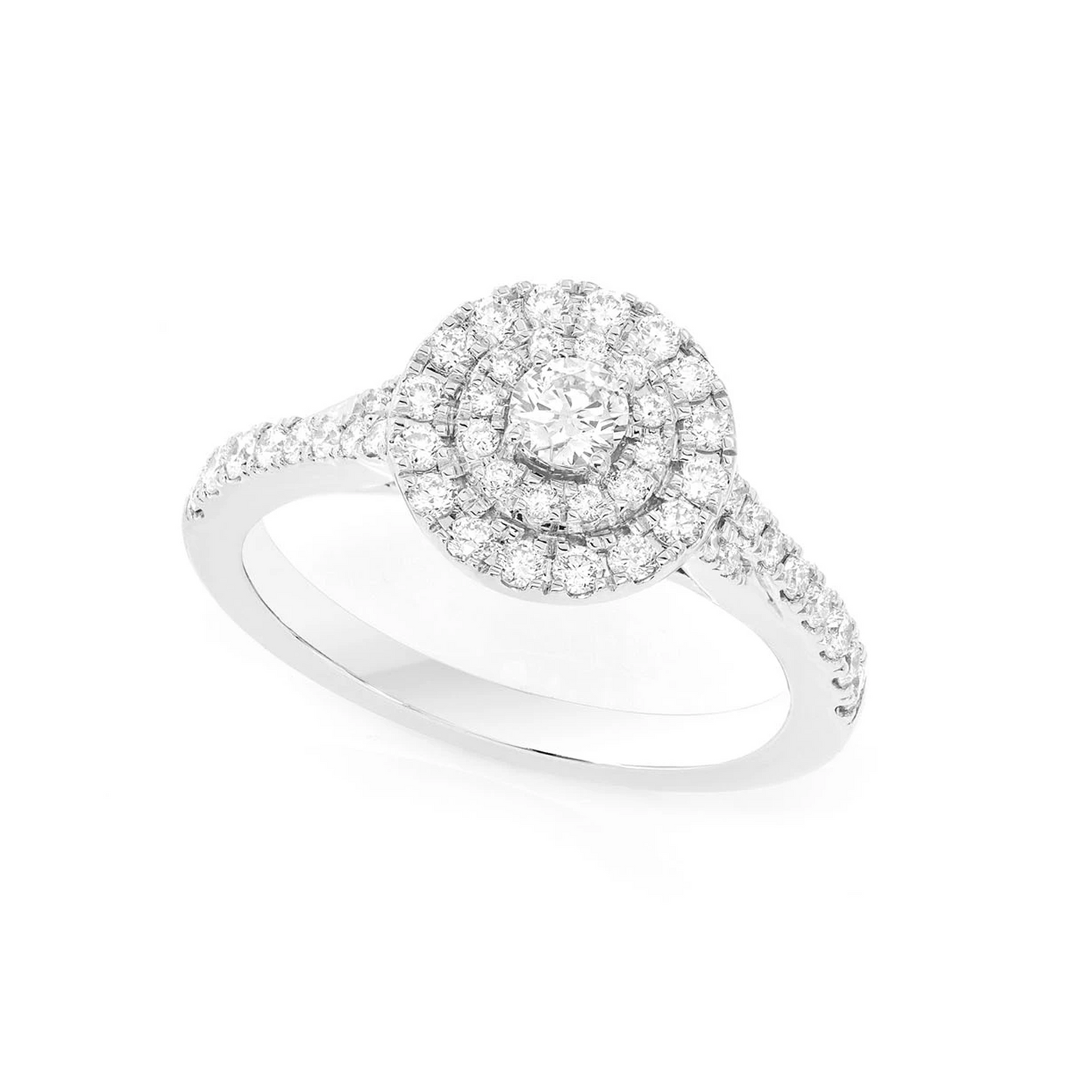 Classic Round Double Halo Diamond Ring in 14K white gold, angled view