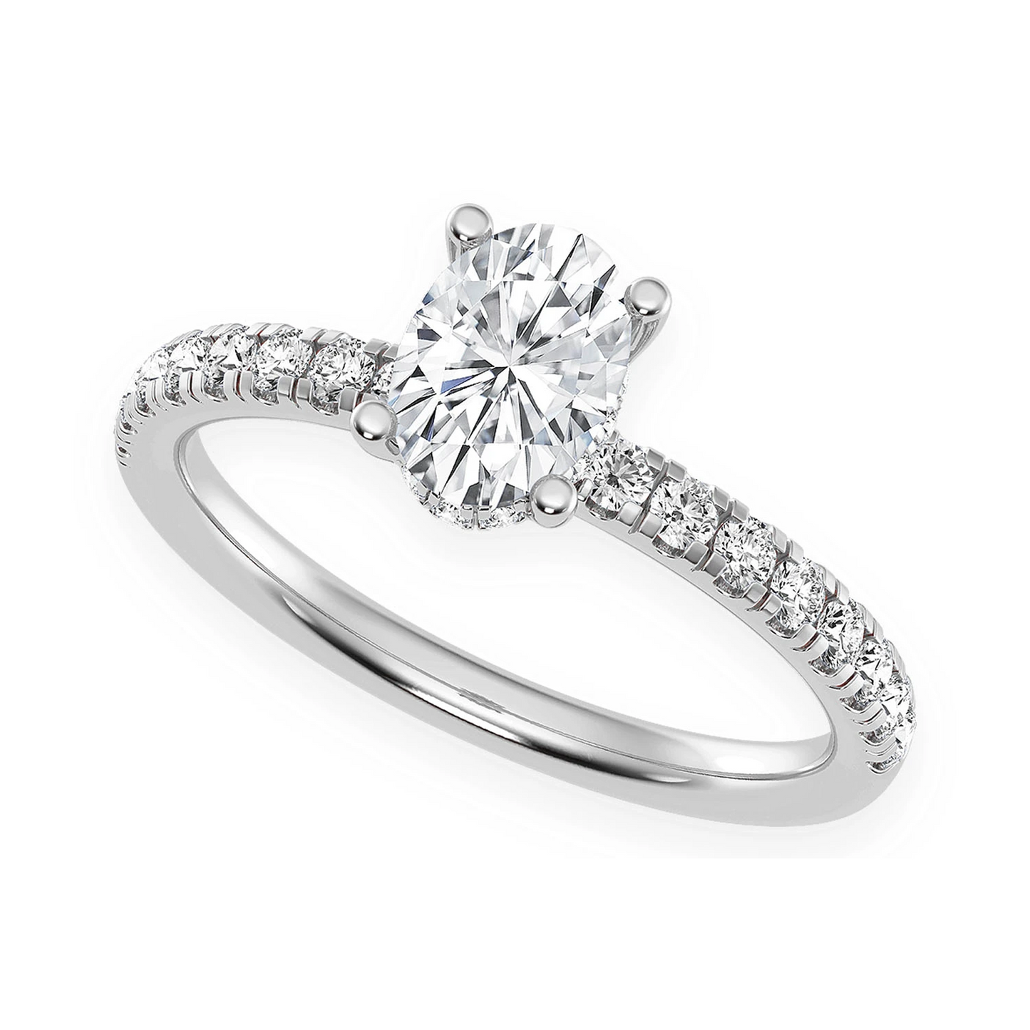 Oval Solitaire One Row Under Halo Ring in 14K white gold, detail view