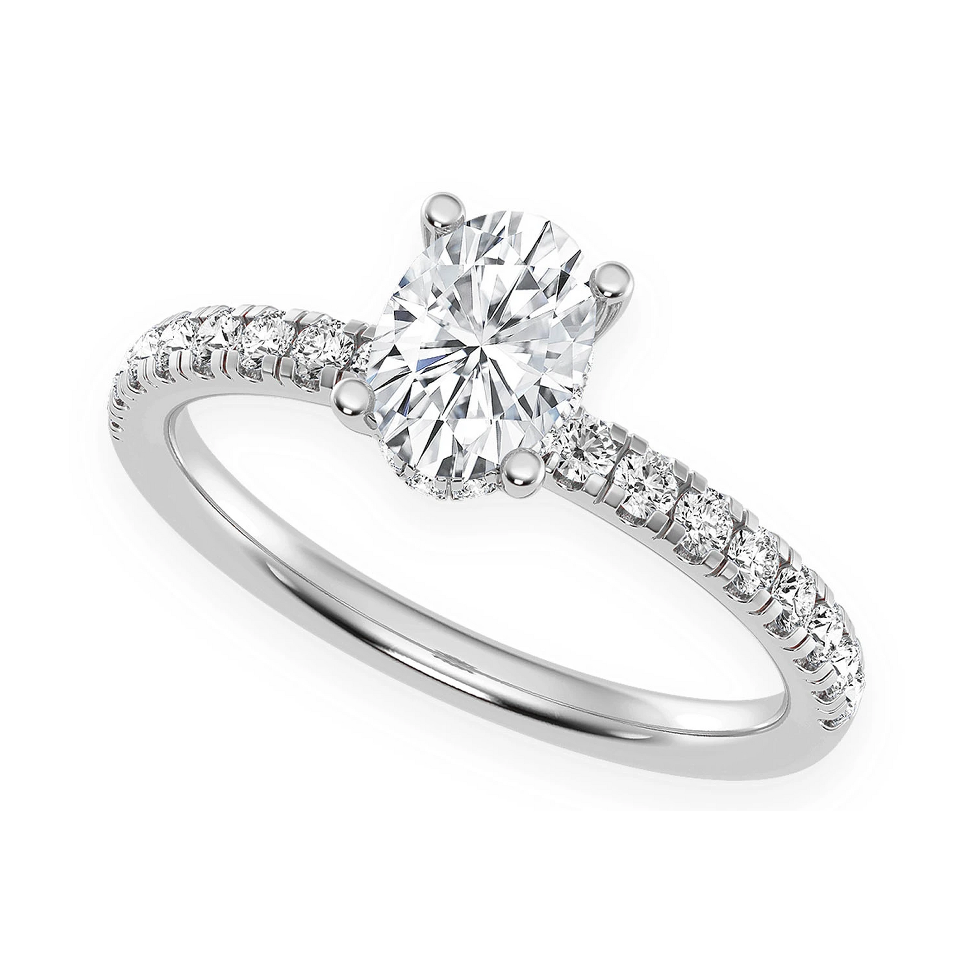 Oval Solitaire One Row Under Halo Ring in 14K white gold, detail view