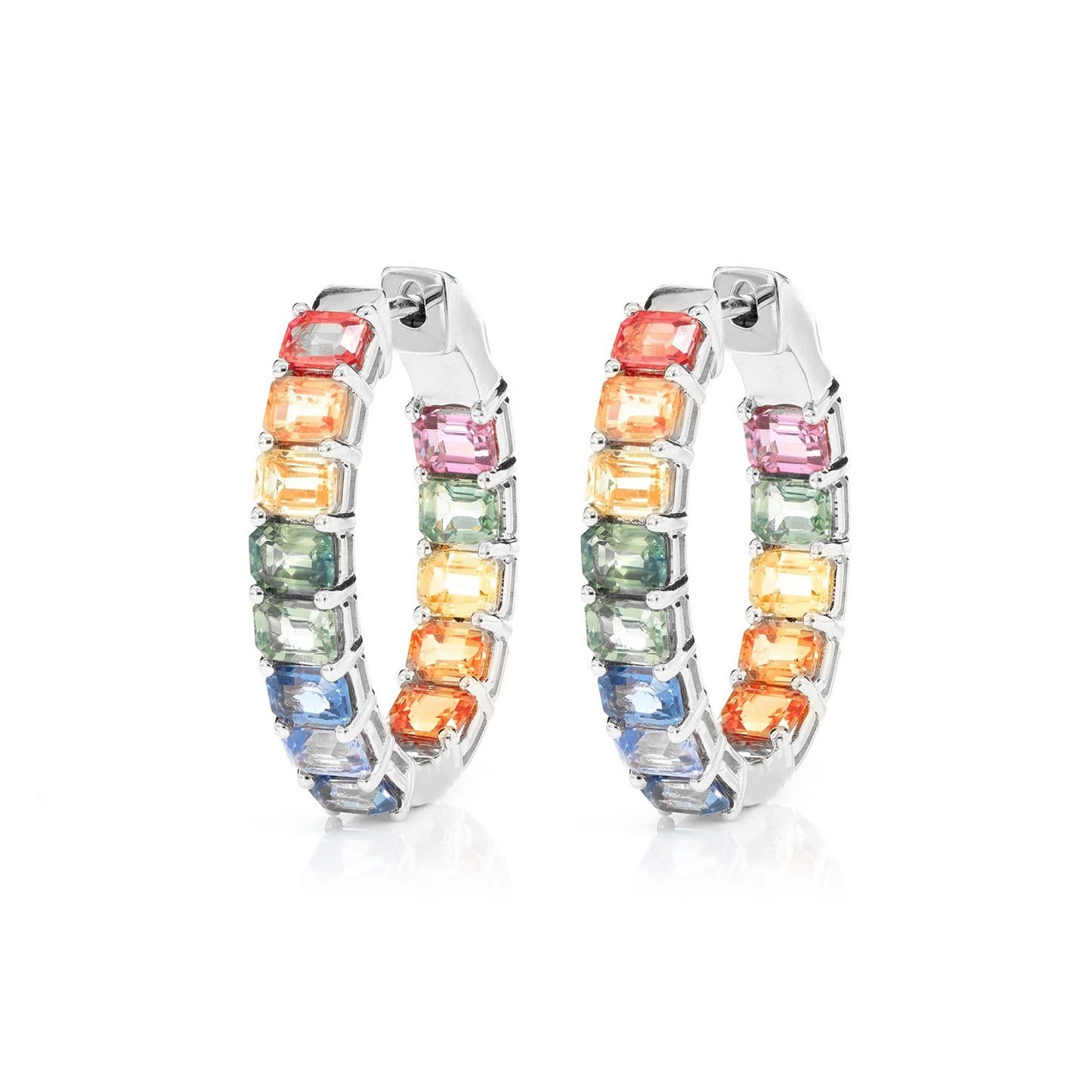Rainbow Colored Sapphire Inside Outside Diamond Hoop Earrings