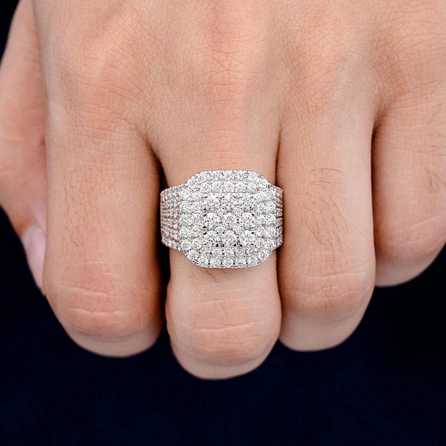Cushion Shape Diamond Signet Ring in 14K white gold, angled view